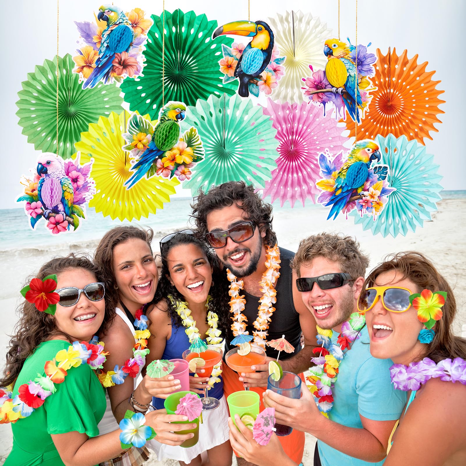 Decoraciones de fiesta tropical, decoración de fiesta hawaiana, con loros de papel, panales de abejas y pancarta de flores de hibisco, pompones de papel de seda para decoración de verano