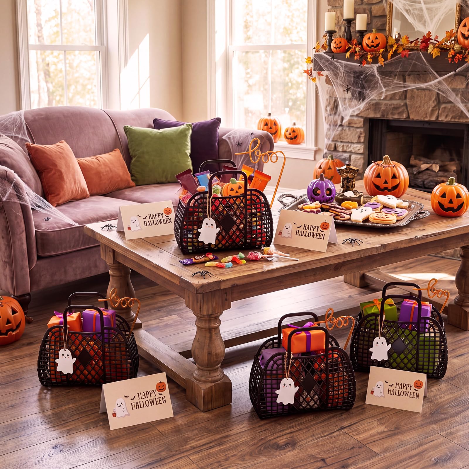 Pinkunn Juego de 6 cestas de Halloween con diseño de fantasma de Halloween, cubos de gelatina con etiquetas de fantasma, pajitas "boo", tarjetas de felicitación, bolsas de regalo de dulces, regalos de