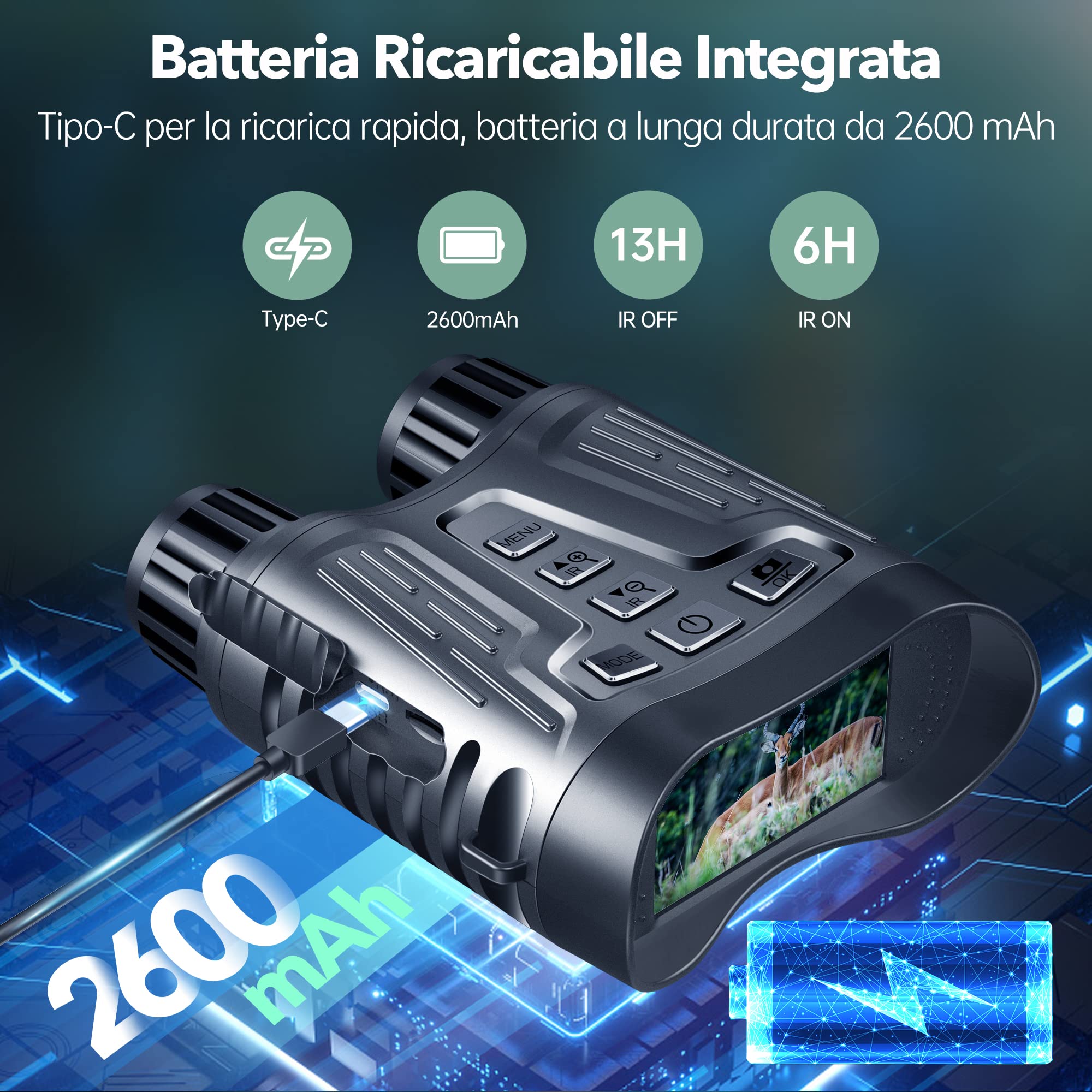 Letcmoi Binocolo Visione Notturna - 7L Infrarossi Visibili 300M al 100% di Oscurità con Zoom Digitale 8X, Ricaricabile da 2600 mAh, con Scheda TF 32GB, per la Caccia, per Adulti