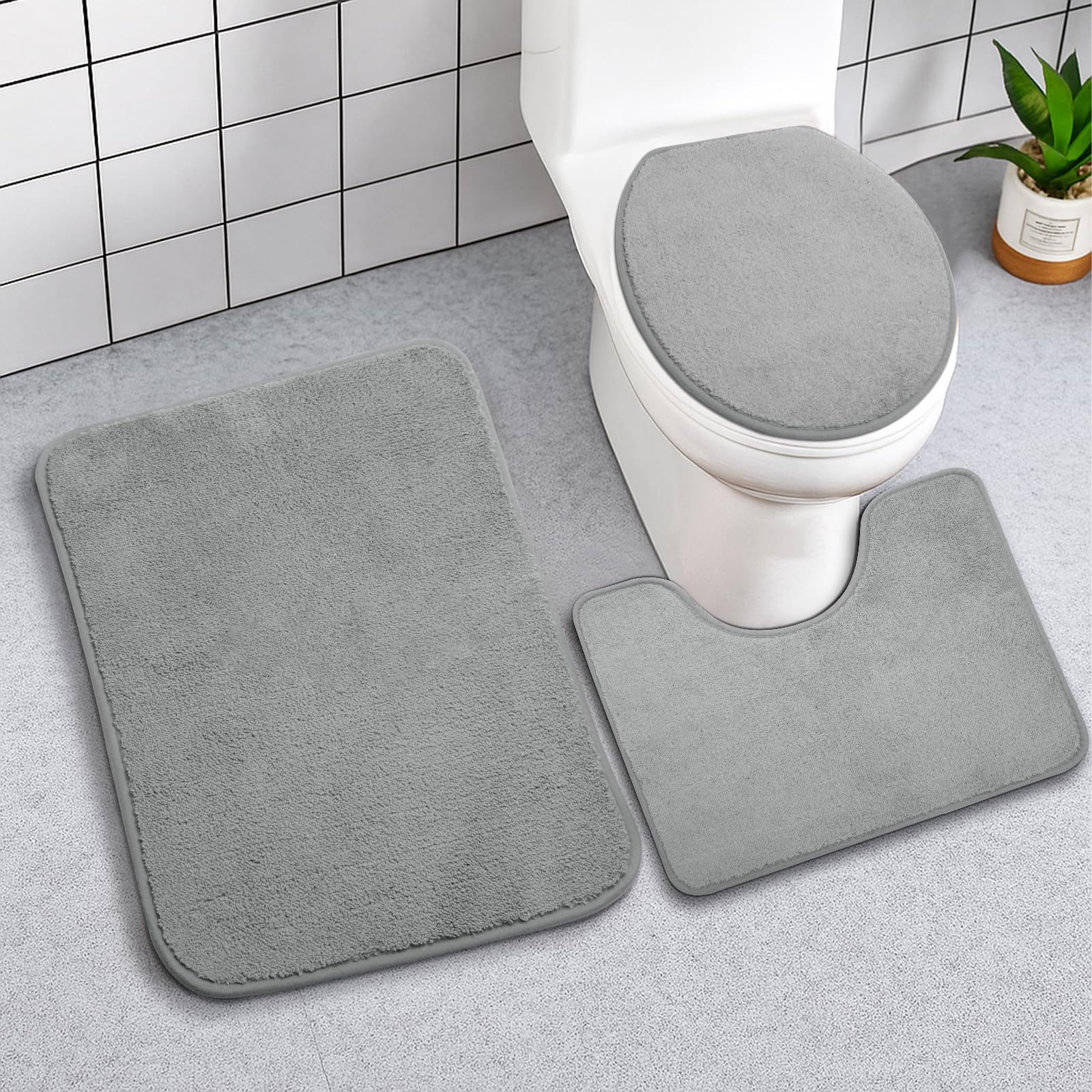 UOCAI 3 Piece Bath Mat Sets Toilet Rug Absorbent Fluffy Bath Mats for Bathroom, Square, Oval, U-Shape Shape Pedestal Mat Anti Slip Toilet Mat for Bathroom Floor, Toilet Grey