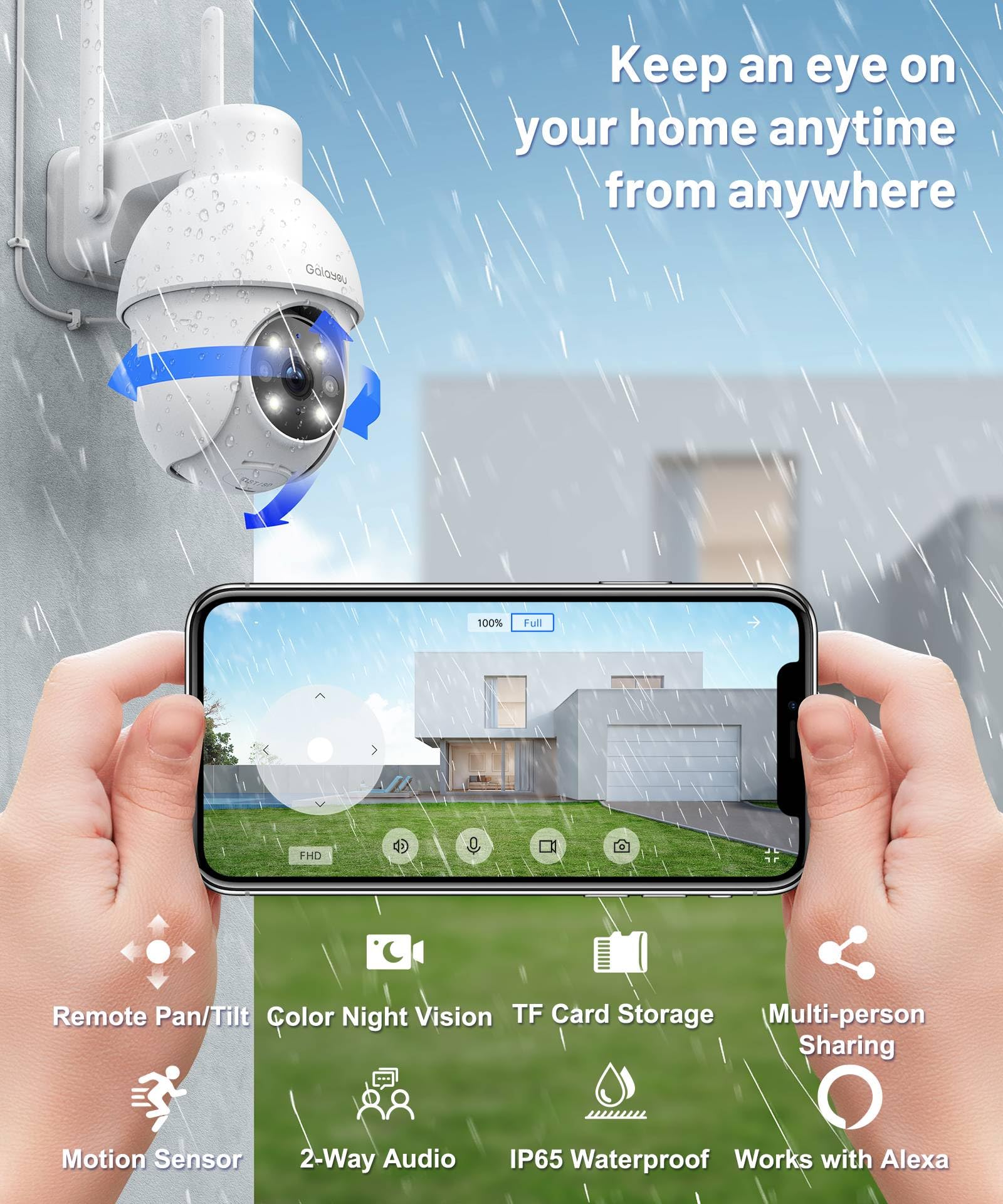 GALAYOU Camara Vigilancia WiFi Exterior - 2K Camaras IP Vigilancia Domicilio WiFi 360° con Visión Nocturna en Color, Alerta de Movimiento, 24/7 Grabación en Tarjeta TF, IP65, Compatible Alexa