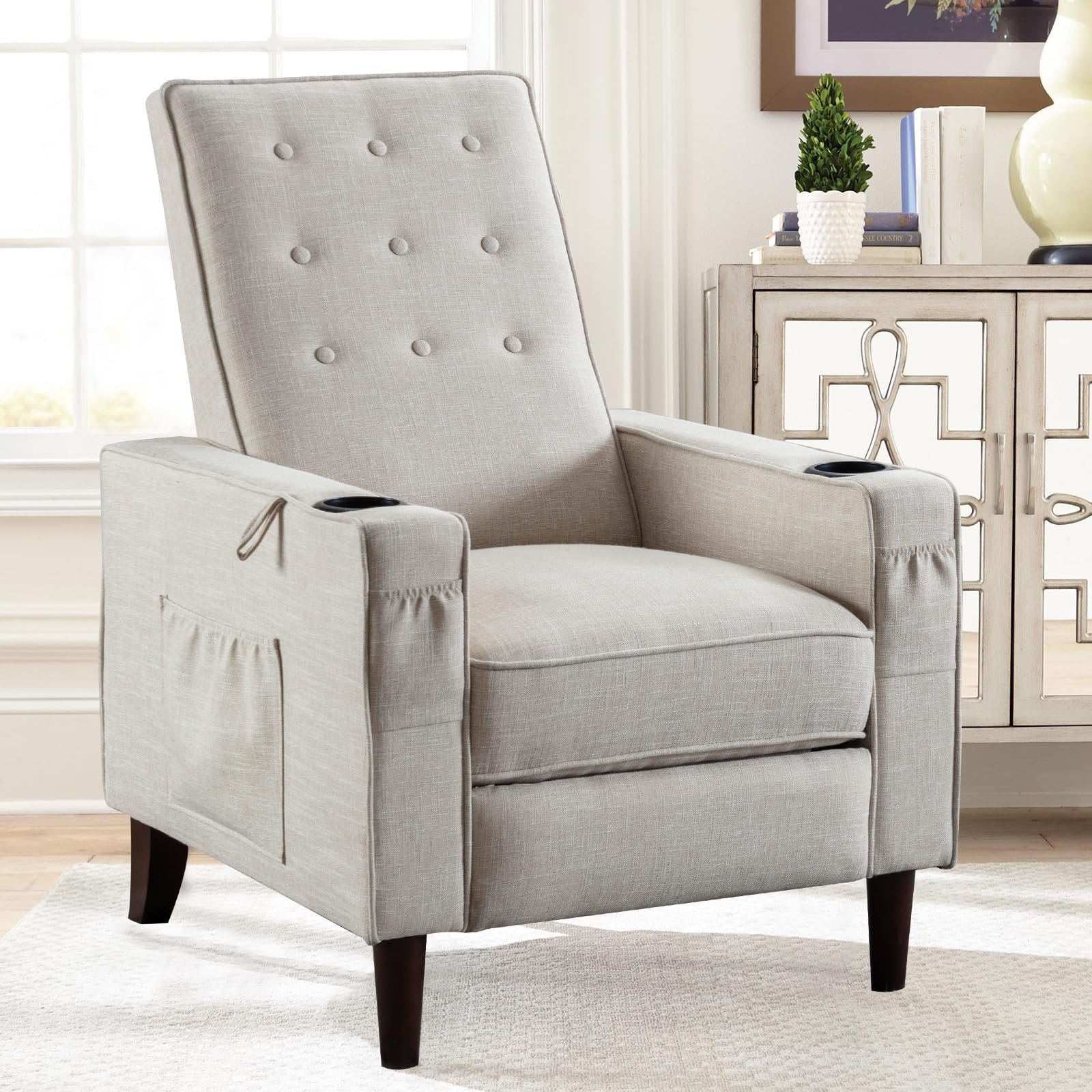 IPKIG Recliner Chair, Mid-Century Push Back Reclining Chair Tufted Fabric Upholstered Club Accent Chair with Massage Heated, Side Pockets for Living Room Bedroom (Beige)