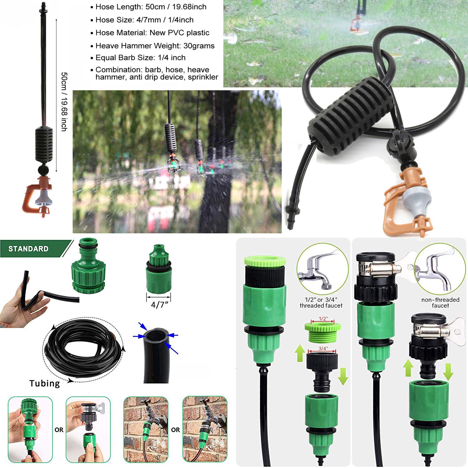 DIY Crafts Automatic Watering Rotary Sprinklers Hanging Rotating Microsprinkler Rotor Jet Nozzle Spray Greenhouse (8 Pcs Rotary Sprinklers Hanging Kit, Included Pipe + Faucet Connector + Accessories)