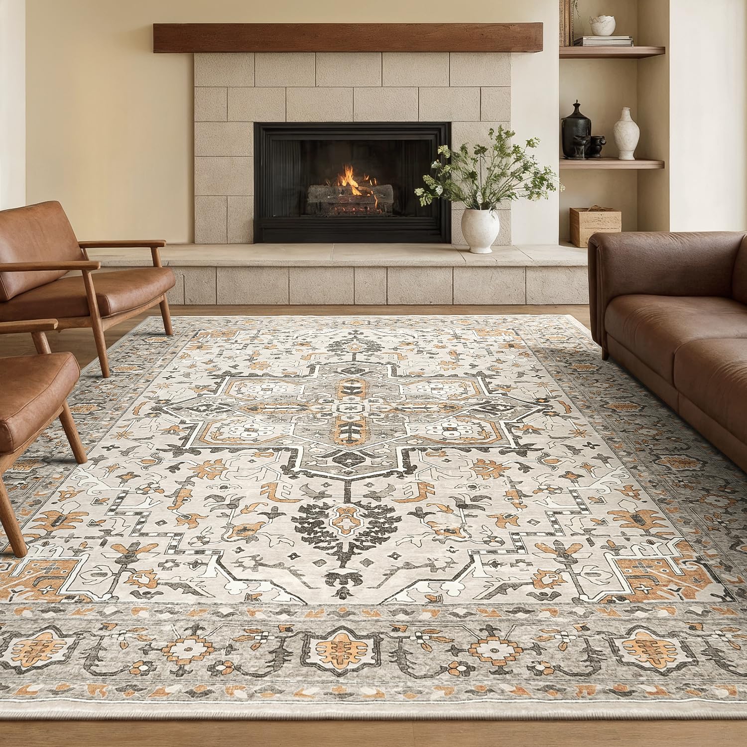 Rugflix 8x10 Area Rugs for Living Room, Washable Rug, Soft Low Pile Carpet, Non-Slip, Stain Resistant, Vintage Area Rug, Taupe Brown Rug for Bedroom, Dining Room, Home Office