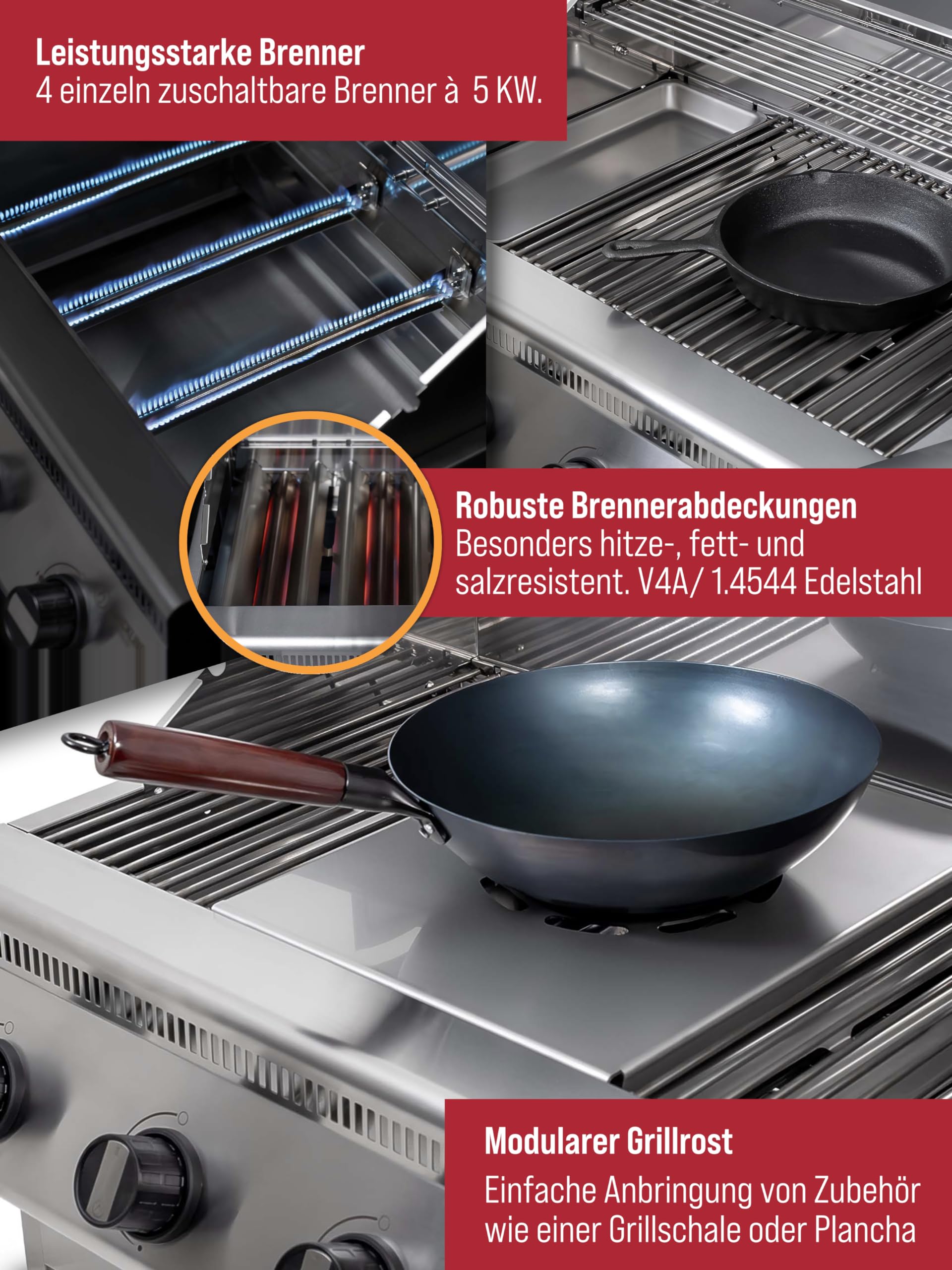 Einbau Gasgrill "Hermann XL - Classic" Einbaugrill mit Deckel für Outdoor Küche Grillküche – Gasgrill 100% aus Edelstahl – Fettwanne mit Frontauszug – 4x5kW Brenner – Made in Germany
