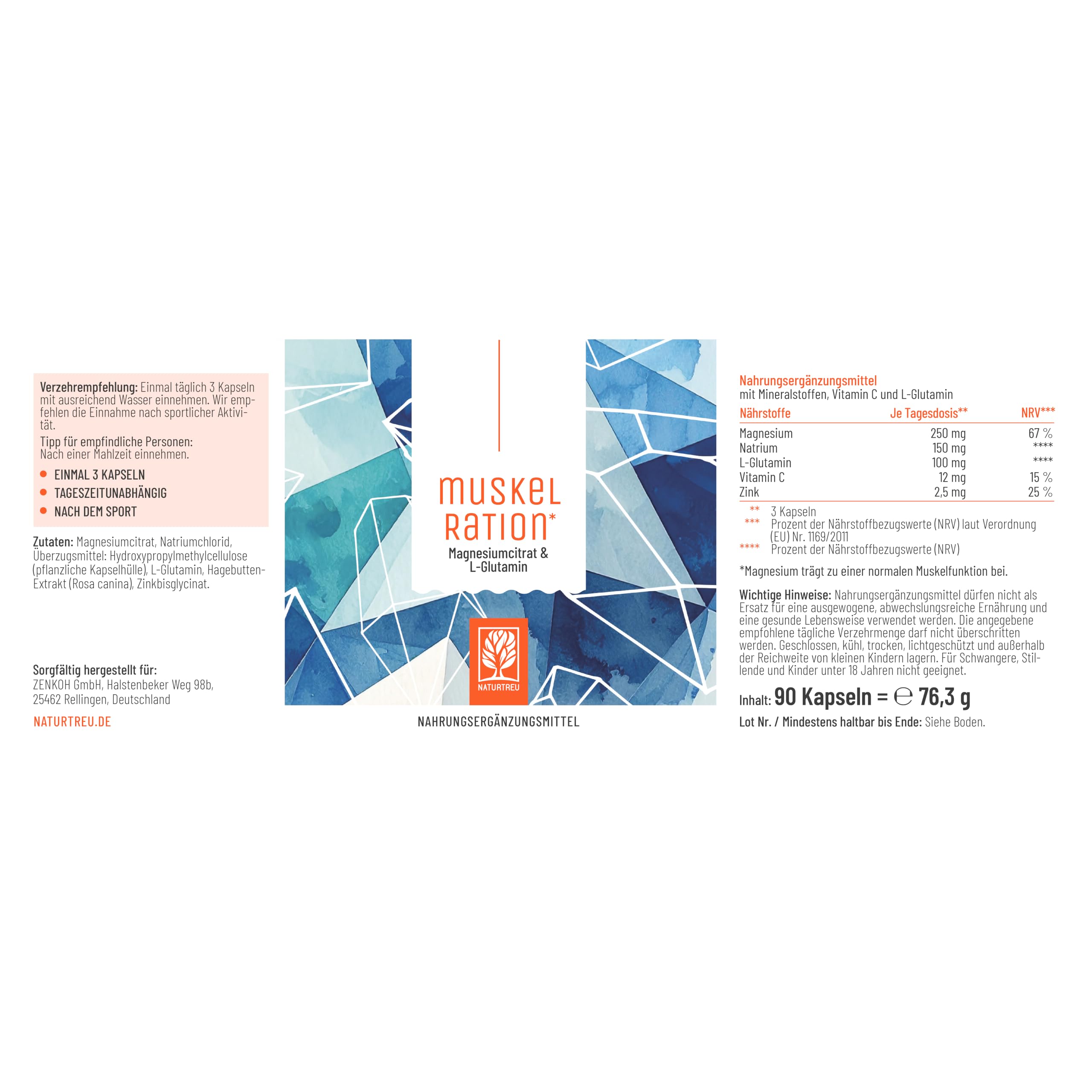 NATURTREU® Magnesiumcitrat hochdosiert - 450 Kapseln, hohe Bioverfügbarkeit | mit L-Glutamin, Zink und Vitamin C - Ideal nach dem Training - Magnesium-Komplex hochdosiert, Vorteilsbundle 5er Paket