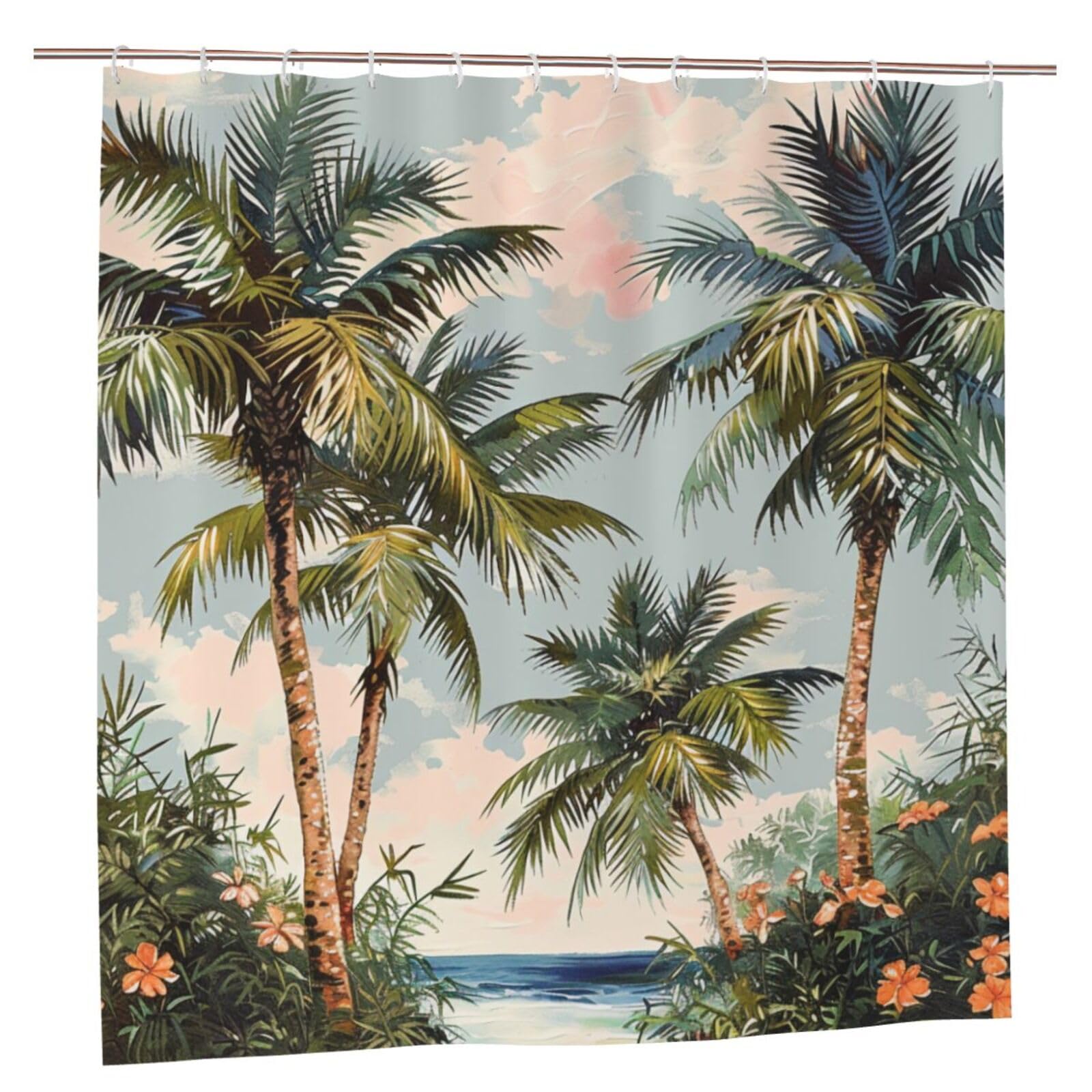 BWWHCCTI Tropical Palm Trees Printed Shower Curtain With 12 Plastic Hooks Opaque Quick Drying Waterproof Shower Curtains Sets For Bathroom 183x183 CM