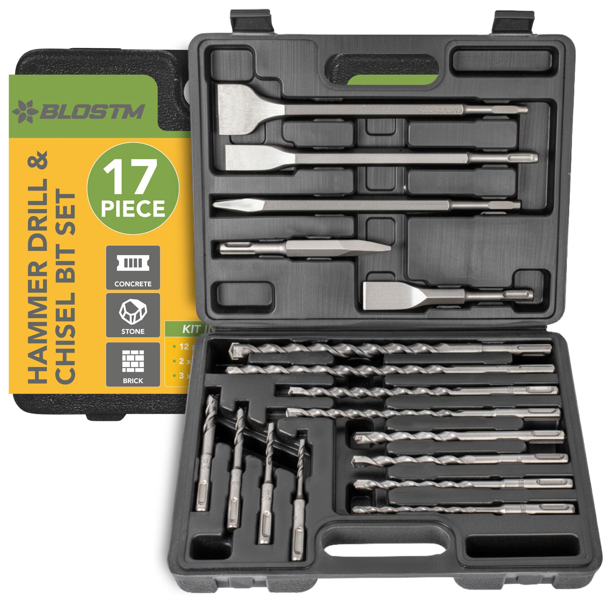 BLOSTM Juego de brocas SDS Plus de 17 piezas - Brocas de cincel SDS y brocas de martillo con estuche de almacenamiento compacto para hormigón, baldosas, ladrillos y más