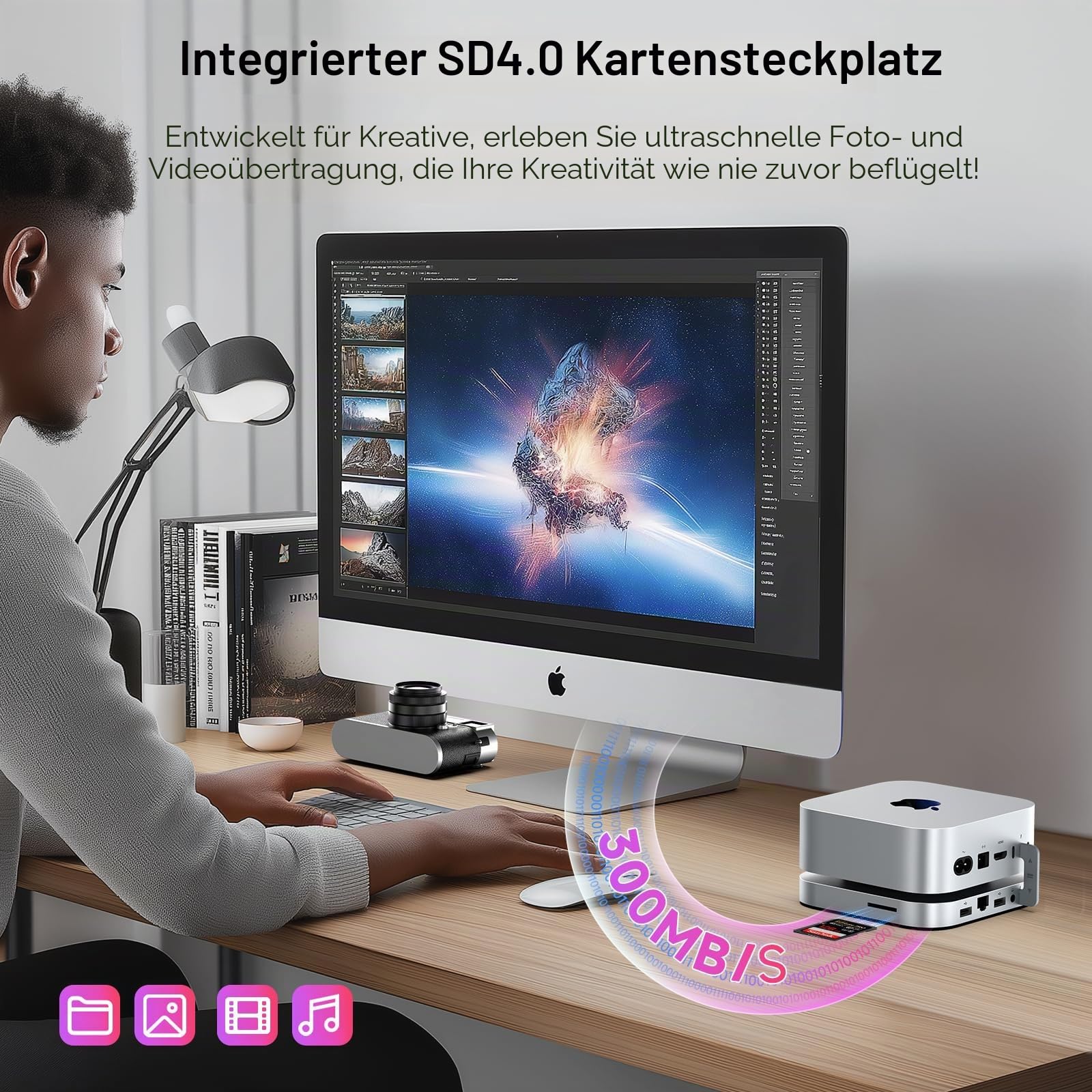 Mate Mini-A Thunderbolt 5 Mac Mini M4 Dock & Ständer, Dual PCIex2 SSD Slot, Max 16TB Erweiterung, PD3.0 Port, SD4.0 Kartenleser, 2,5G LAN, 2 x USB A 10 Gbit/s für Laptops/Desktop-PC/Mini-PC