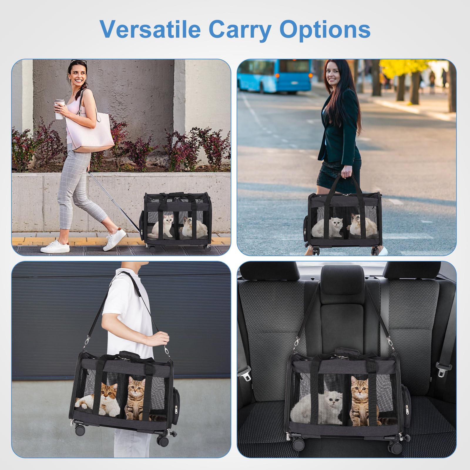 Transportín Doble para 2 Gatos con Ruedas y Carro Desmontable, Bolsa de Transporte de Doble Nivel 2 en 1, hasta 12 kg, Ideal para Gatos y Perros Pequeños, Negro