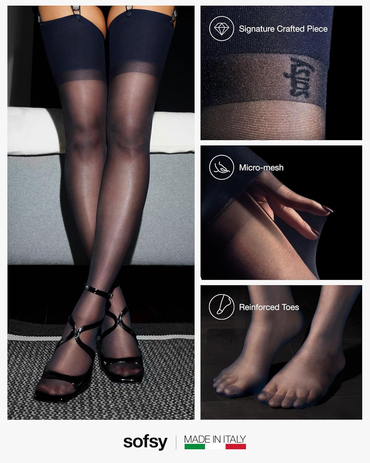 sofsy Italian Ultra-Fine Knit - 15 Den Silky-Soft Sheer Thigh High Stockings for Women Garter Belt | Seamless Lasting Comfort