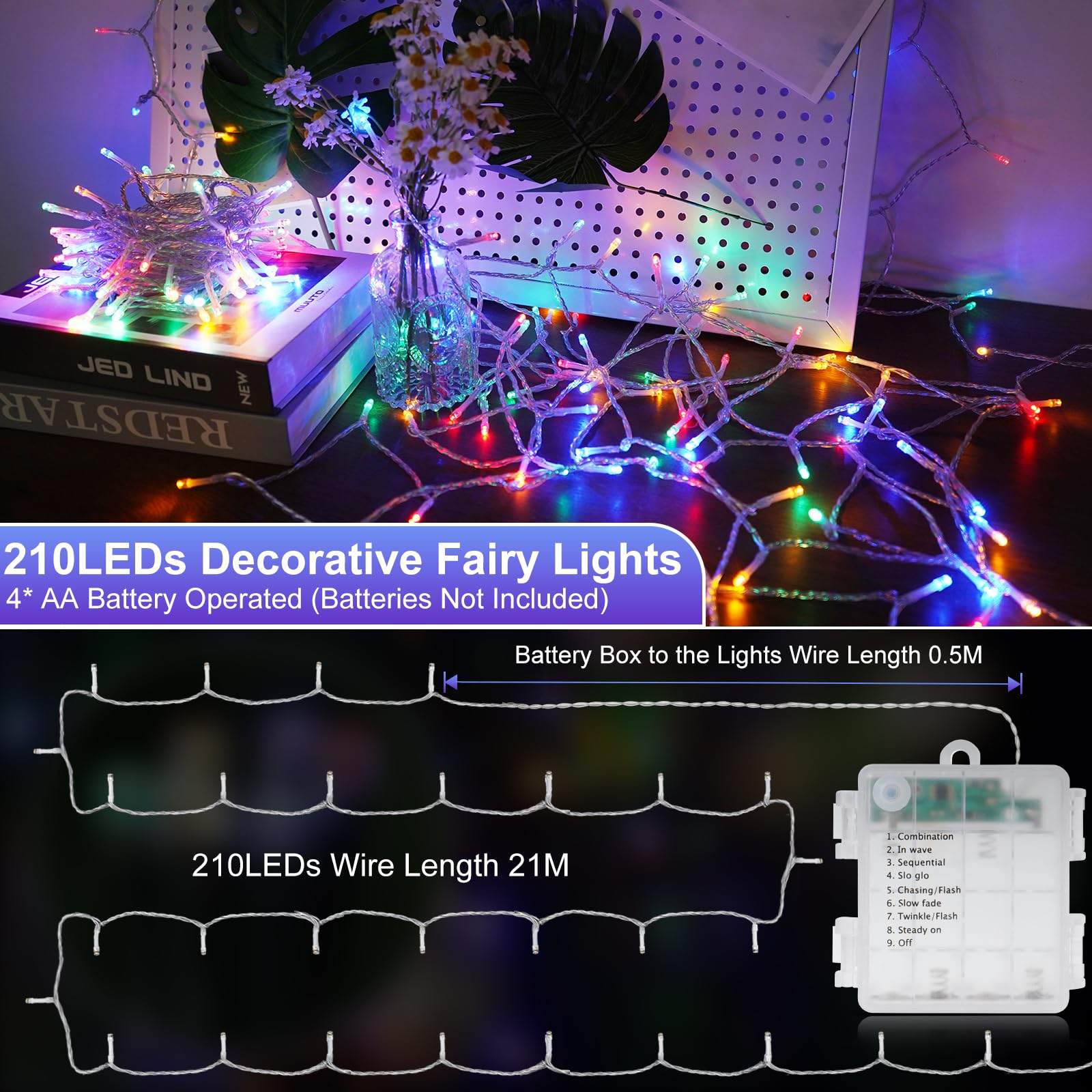 Realky Luci Albero di Natale a Batteria, 21M 210LED Luci Natalizie da Esterno ed Interno, 8 Modalità con Funzione Memoria Impermeabile Luci di Natale per Giardino, Balcone, Festa, Casa - Multicolore