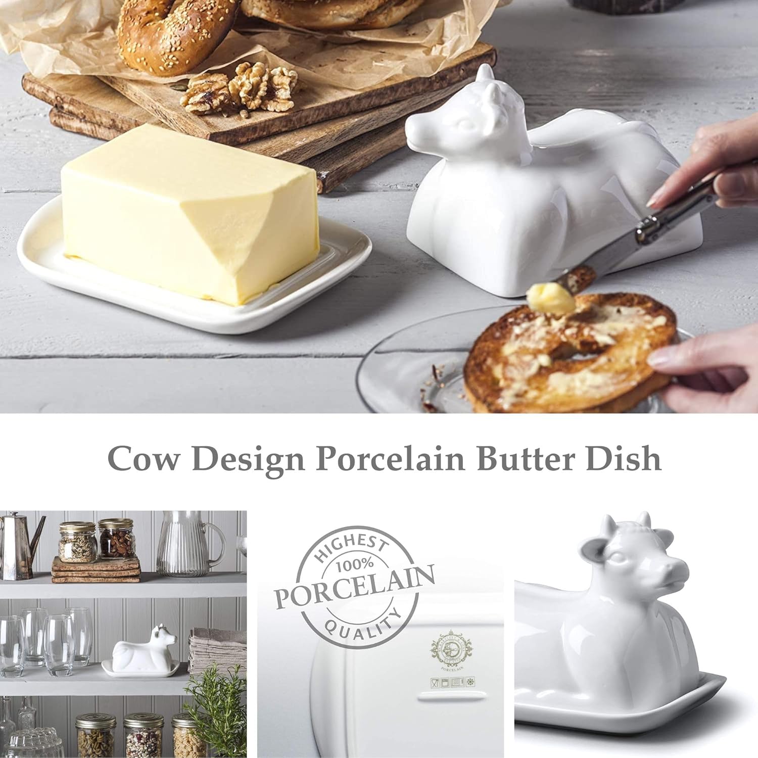 WM Bartleet & Sons 1750 Traditional Porcelain 19cm Cow Design Butter Plate with Lid – White