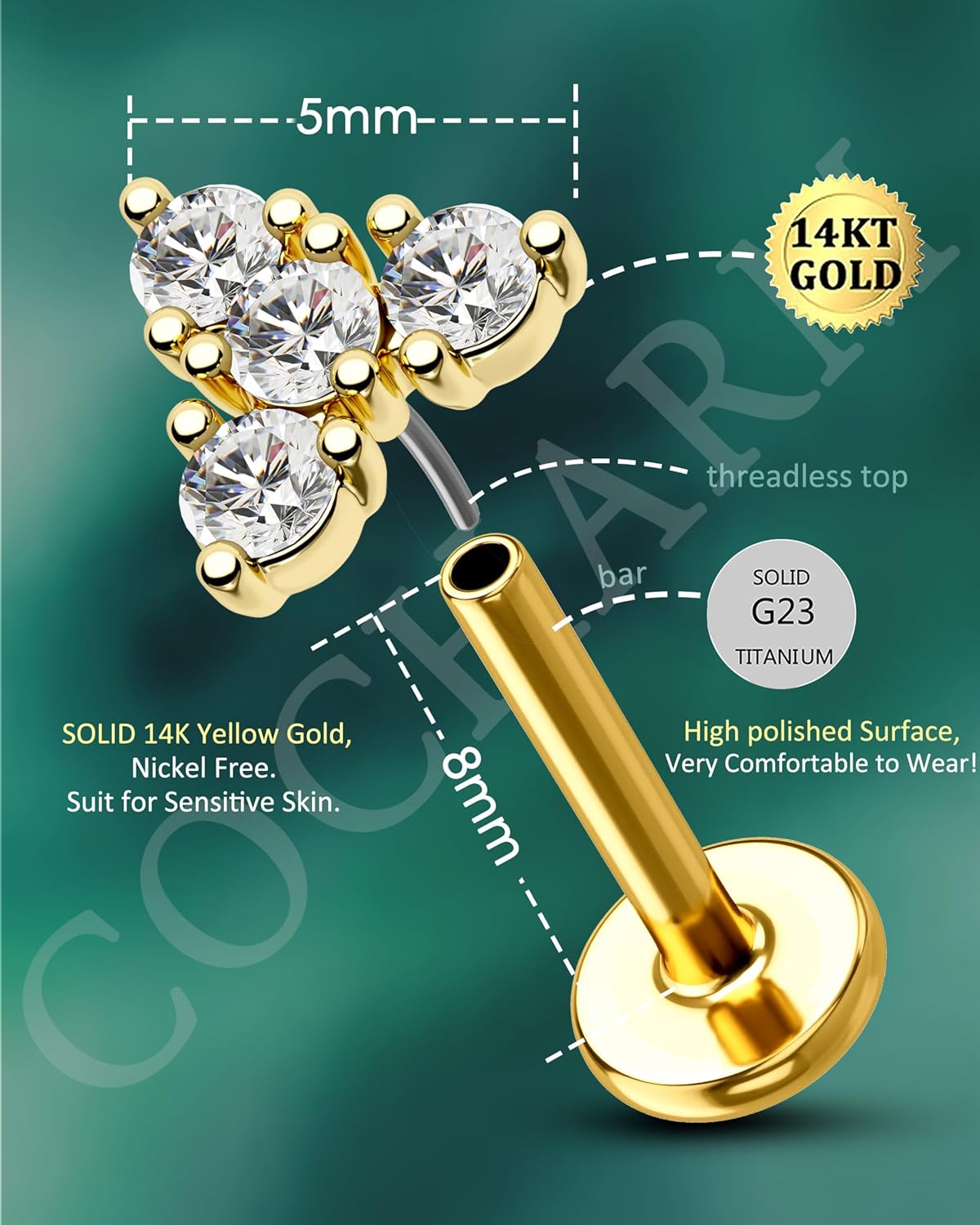 COCHARM 14K Solid Gold Threadless Tringle Ear Helix Flat Cartilage Earring Stud Flat Back 16g Yellow Gold Flat Piercing Push Pin 8mm Conch Earrings 14K Gold Press Fit Ear Stud Jewelry - Image 2