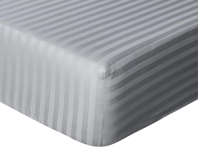 Sleepdown Hotel Quality Fitted Sheet 100% Cotton Satin Stripe Warm Cosy Breathable Super Soft Bedsheet Bed Linen Easy Care 32cm Extra Deep Pockets - Grey - Single