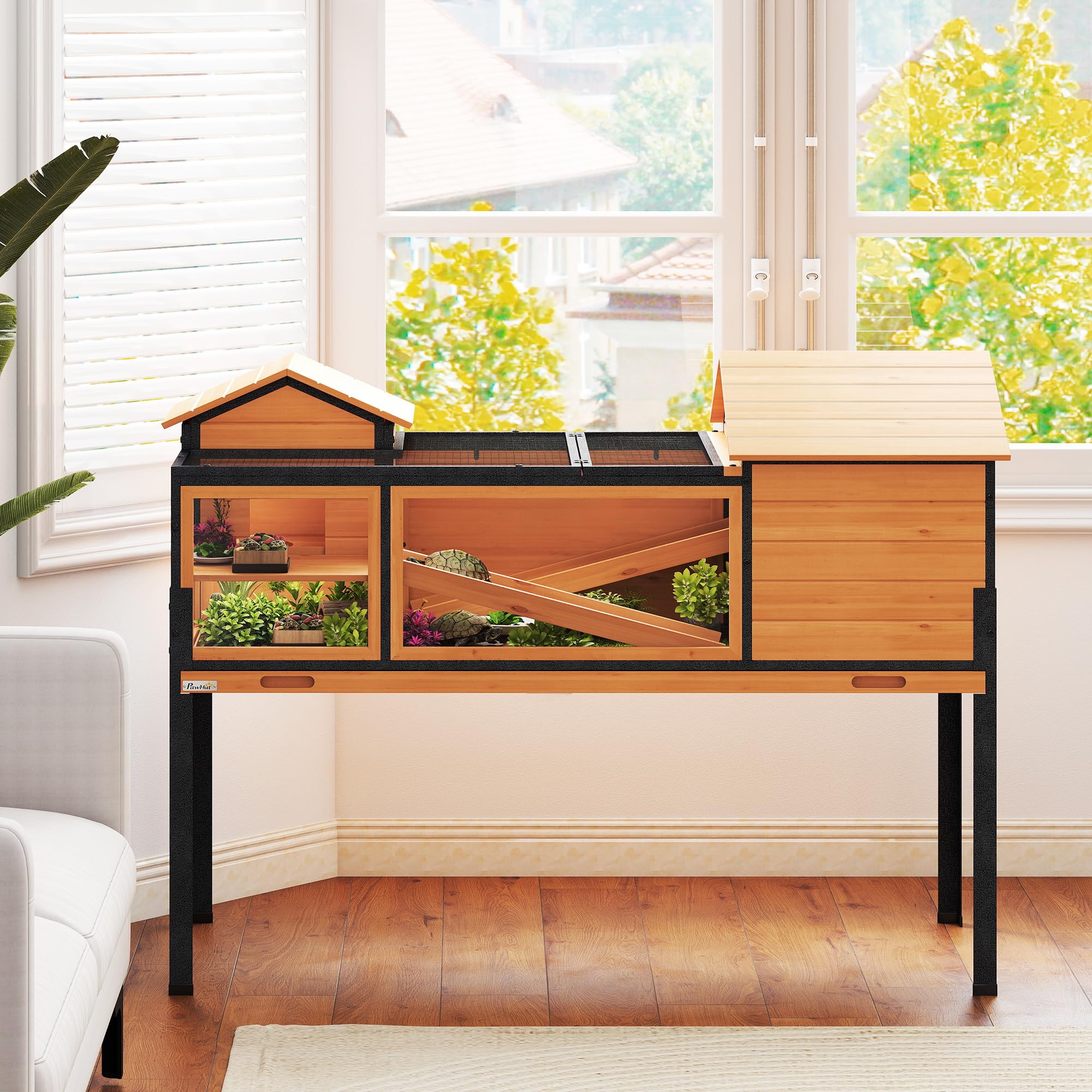 PawHut Maison pour Tortues, Habitat en Bois à 2 étages avec 2 Chambres, enclos intérieur extérieur avec rampes, Toit ouvrable et Plateau, Grande Cage pour Reptiles, 128x63x96cm, Jaune
