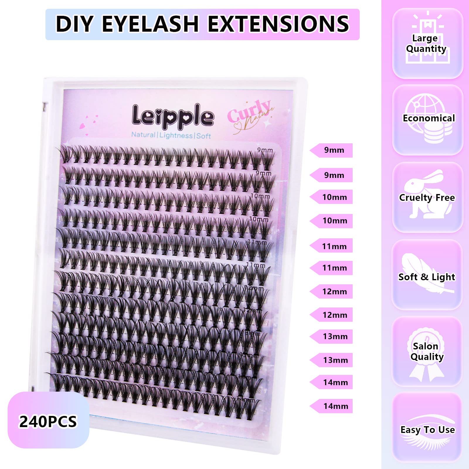 Indywidualne sztuczne rzęsy 240 sztuk, D Curl Mieszane 9-14 mm Ciffetti Natural DIY Indywidualne Klaster Objętość (20D Cluater Lash)