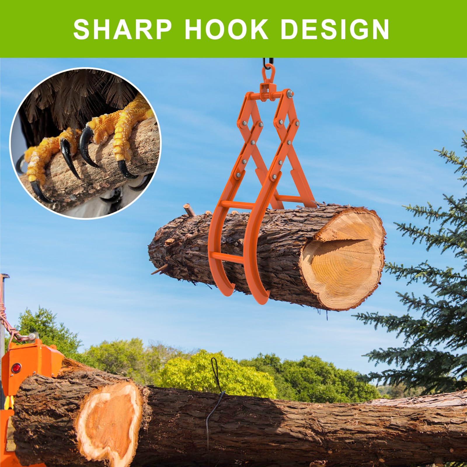 Insaga Forstzange für Baumstämme 260-812mm, Hebezange 1500kg Schleppzange mit 4 drehbaren Krallen - Holzzange & Holzgreifer für Traktoren, LKW, UTV und Gabelstapler zum Heben & Transportieren