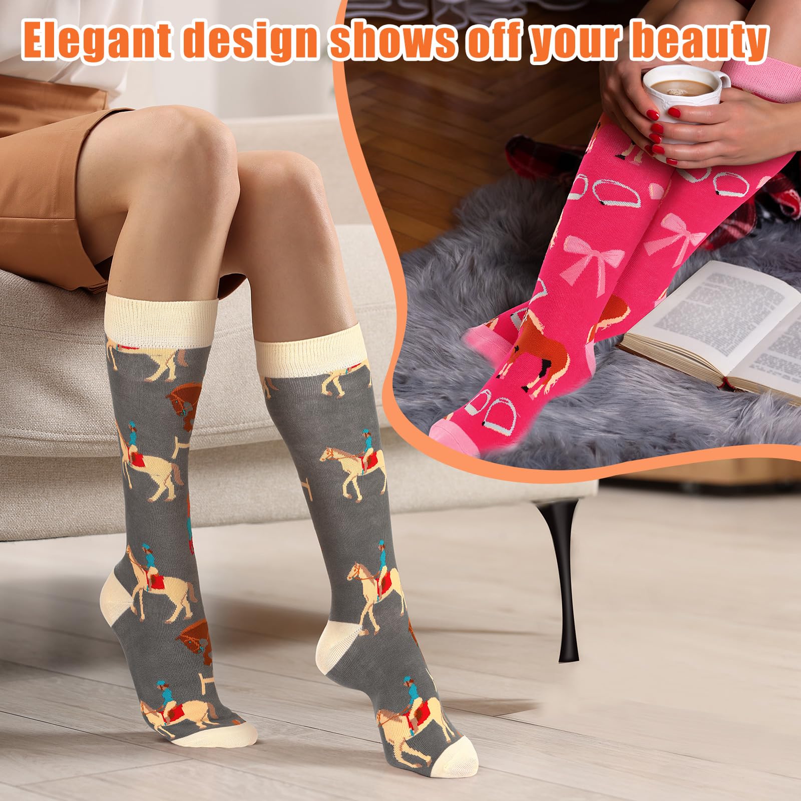 Sintege 5 Paia di Calzini da Equitazione da Donna Calzini Lunghi da Equitazione Calze Lunghe Colorate con Motivo Animalier Regalo Divertente per Cavalieri