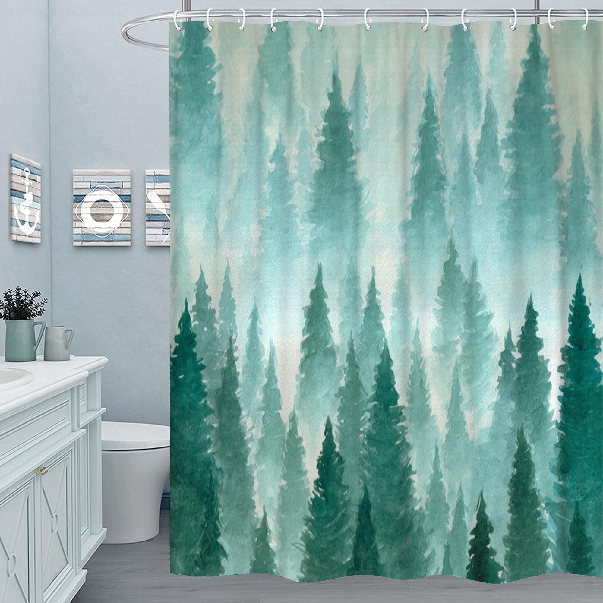 M&W DAS DESIGN Shower Curtain Forest in Fog Tree Textile Mystical Green Blue Green Nature Peace Mountains Landscape Curtain Mildew Resistant ColourResistant Includes 12 CRings Bottom Weight 180 x - Image 3
