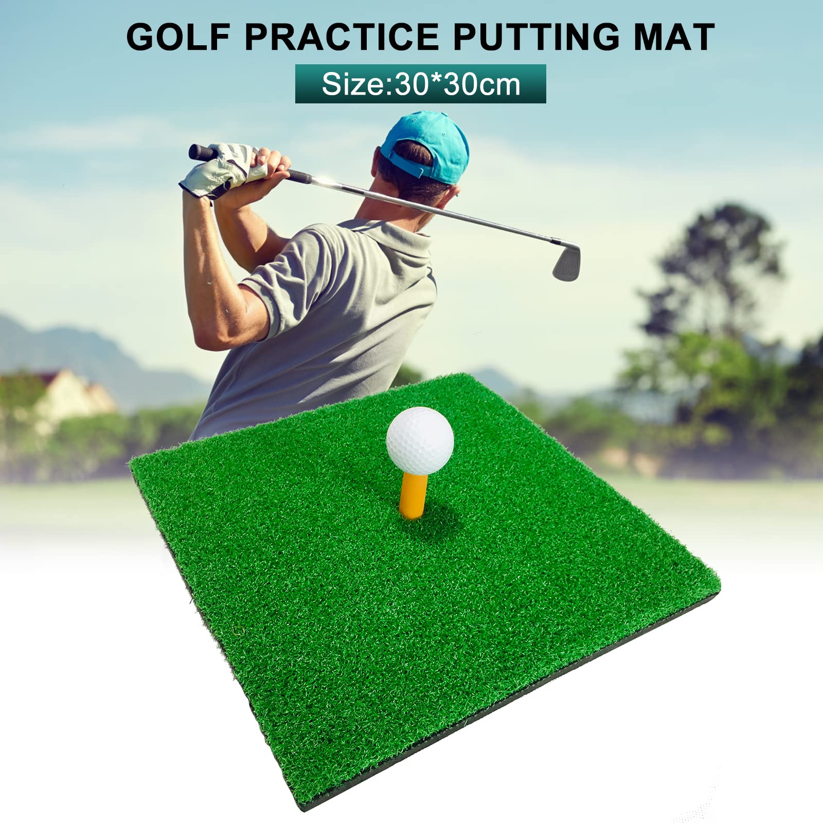 Esterilla de golf de 30 x 30 cm, alfombrilla de golf para interior y exterior, portátil, incluye para entrenamiento de putting (hierba corta)