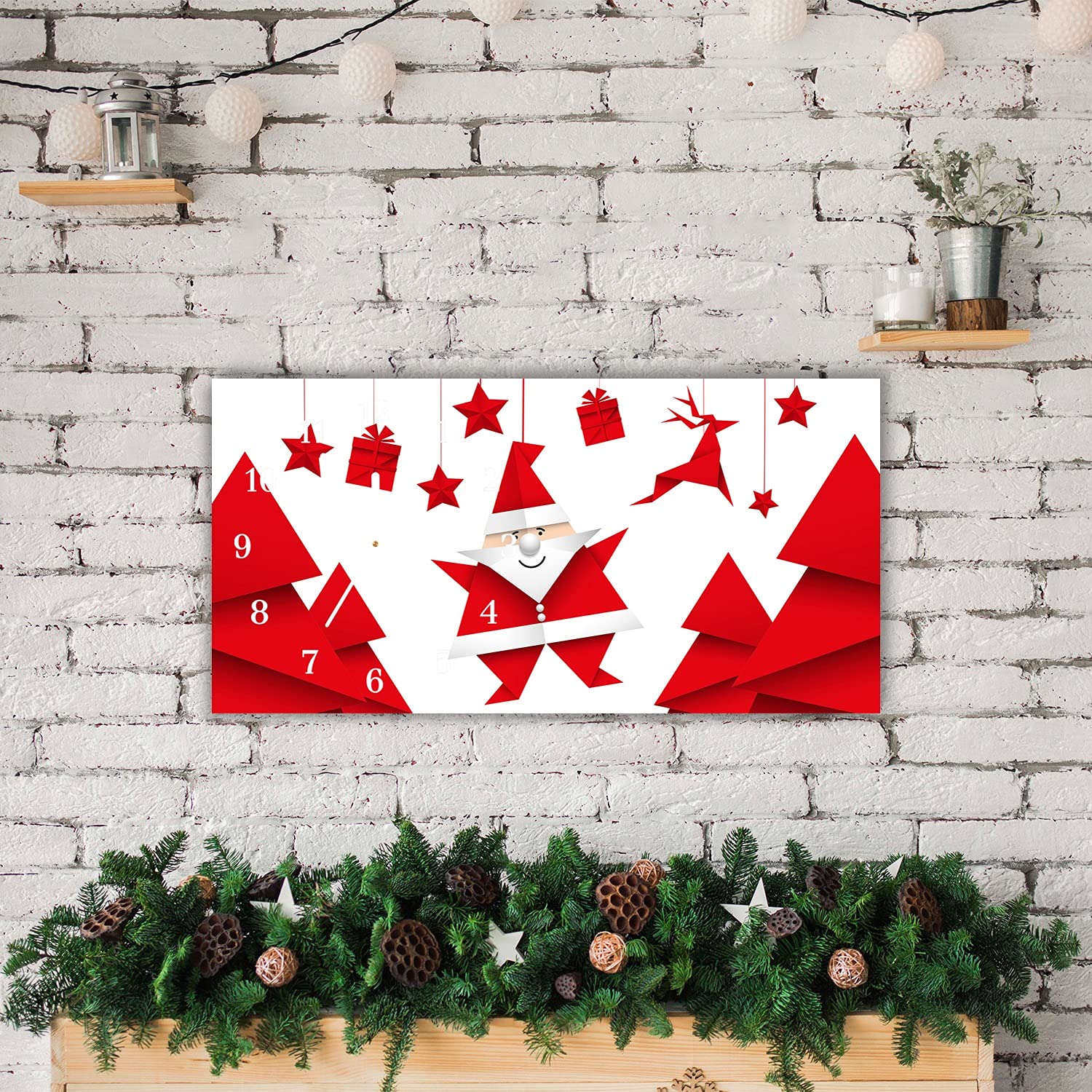 Tulup Zegar Świąteczny Na Ścianę Święta Poziomy Prostokatny 60x30cm Białe Wskazówki Prezent Ze Szkła Boże Narodzenie Ścienny Dekoracja Świąteczna Szklany Zegar - Świety Mikołaj