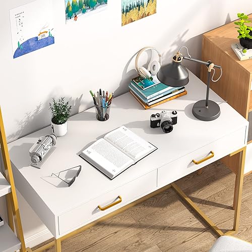 Miniatura 5 de Escritorio para computadora con cajones escritorio blanco y dorado con 2 cajones escritorio blanco simple y moderno blanco blancodorado Blanco puro,
