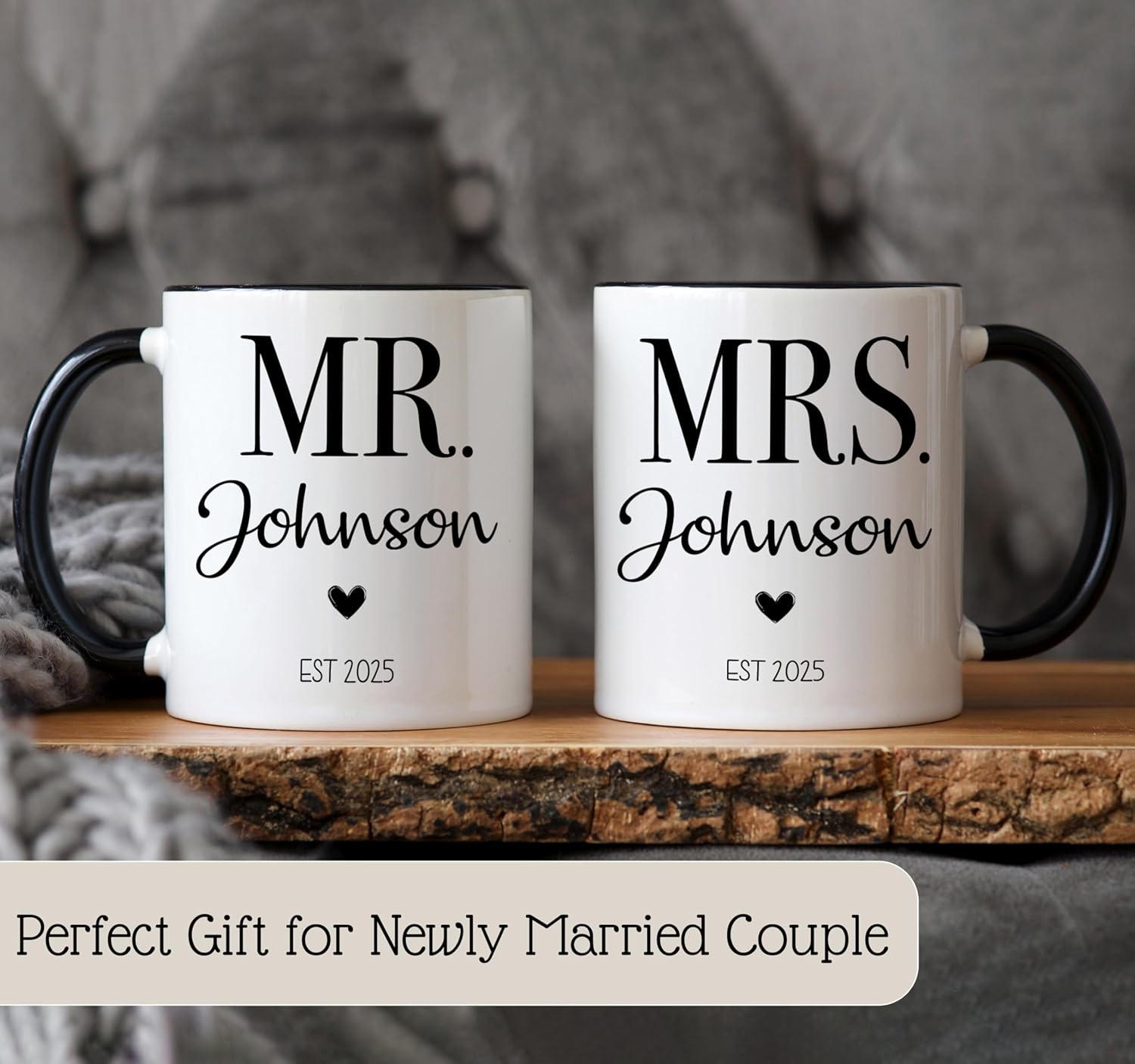 Personalized Mr & Mrs Coffee Mug Set | Customized Couple Gift Set for Engagement, Wedding, Anniversary, Valentine's Day | Custom Name Ceramic Tea Cup | 11 oz (White - Black) - Image 7