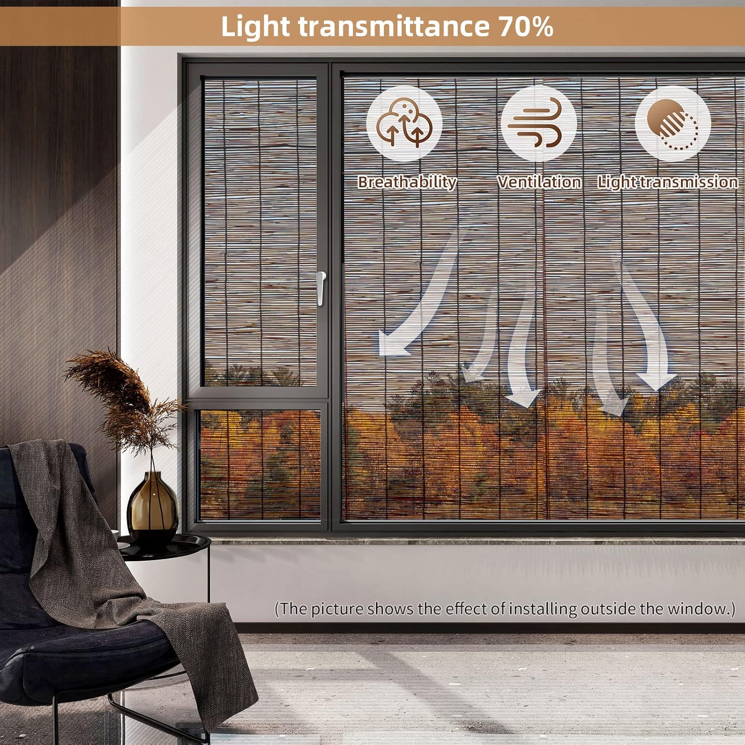 Bamboo Blinds for Windows, Bamboo Shades for Patio, Thermal Insulated UV Privacy Bamboo Roll Up Blinds for Patio Windows, Waterproof Outdoor Blinds, Easy to Install