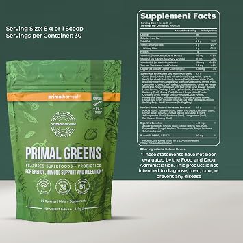 Primal Harvest Primal Total Male& Primal Greens Men's Multivitamin and Nutritional Supplement with Ginseng, Vitamins D and B, zinc, probiotics and More, Gluten and Dairy Free