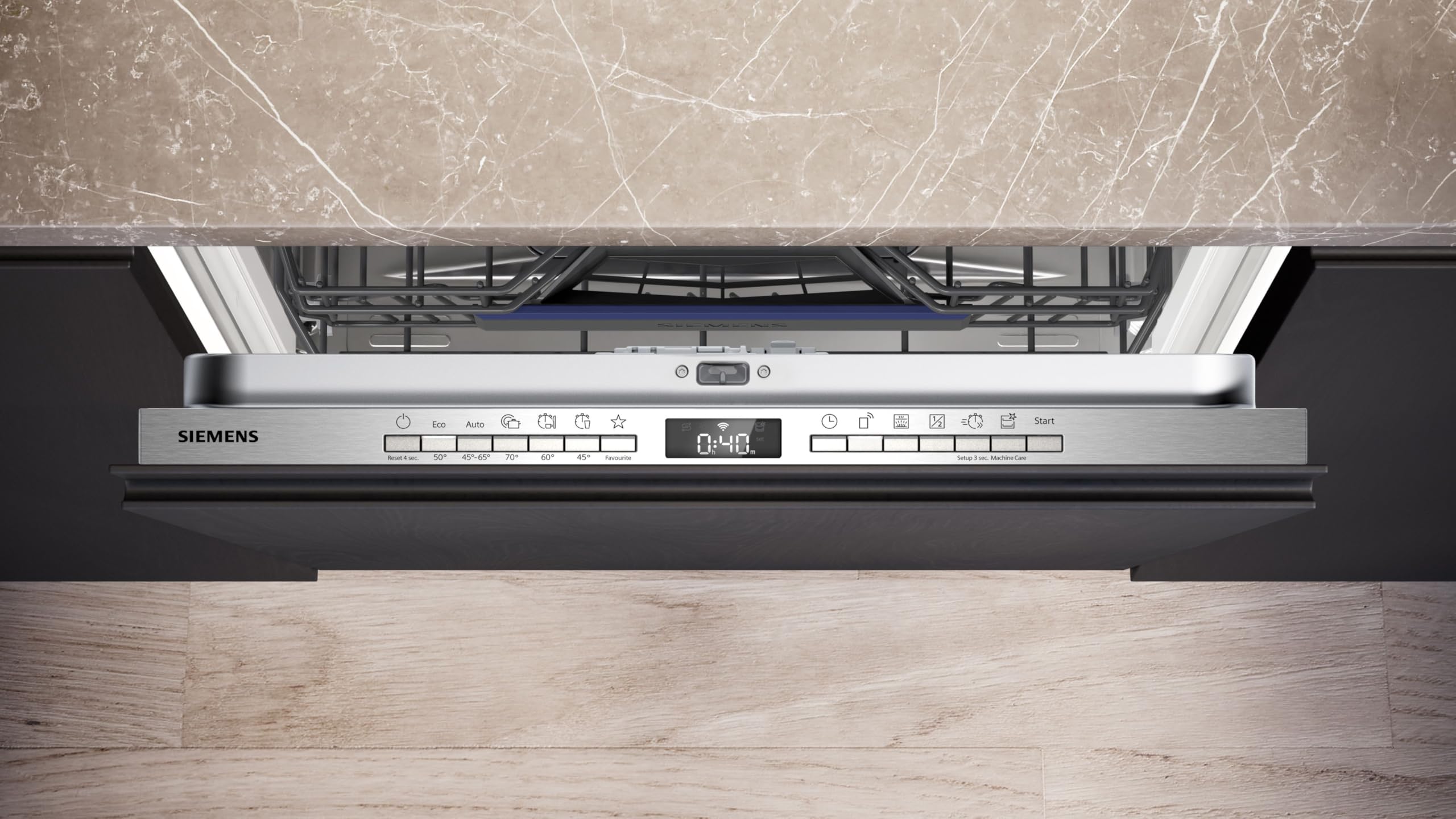 Siemens iQ500 SN73EX22CE Vollintegrierter Geschirrspüler 60 cm mit Besteckschublade, varioSpeed Plus, autoOpen dry