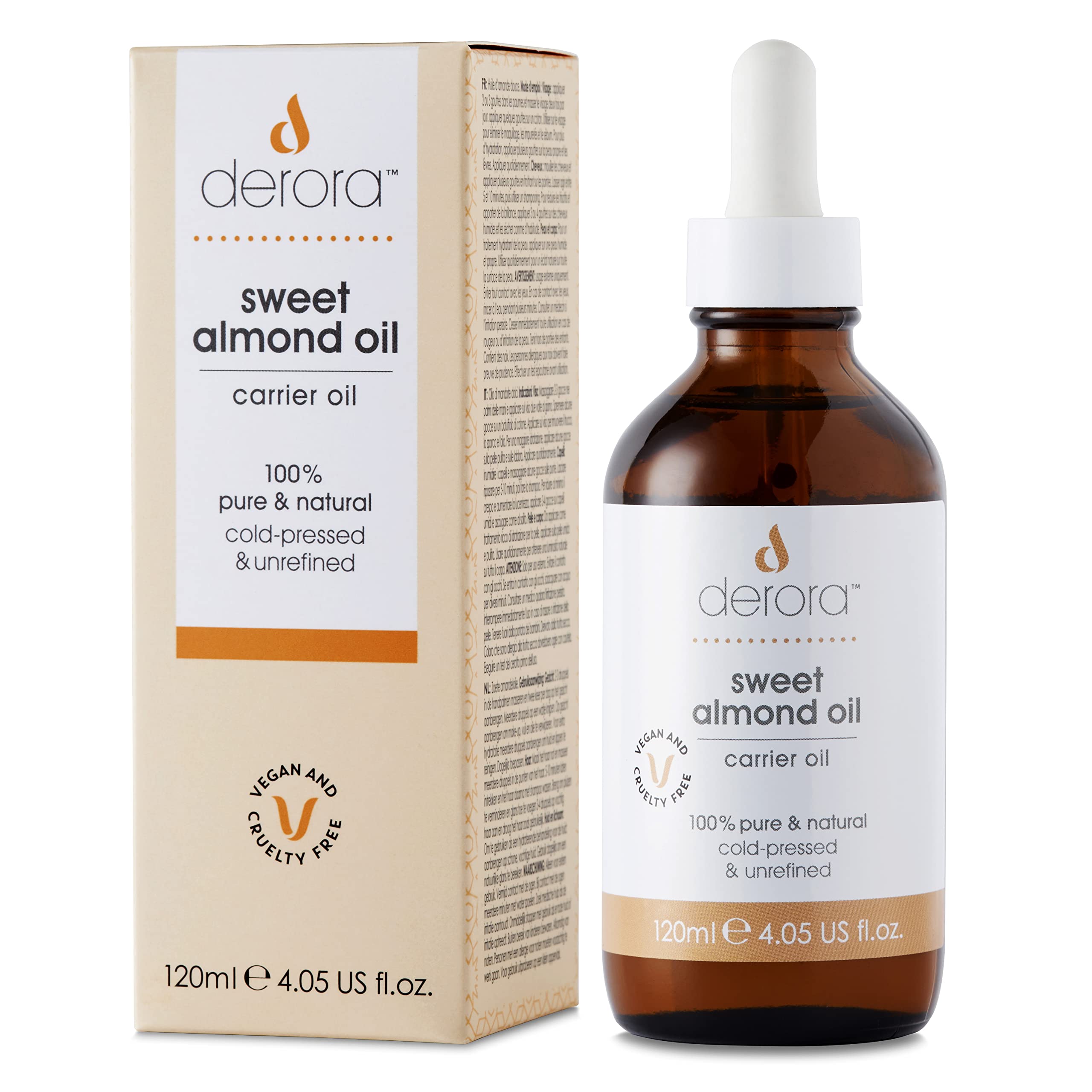 Derora Aceite de Almendras Dulces | Nutre Piel, Cabello y Uñas | 100% Puro y Natural | Rico en Antioxidantes y Vitamina A, B, D y E | Vegano y Libre de Crueldad (120ml)