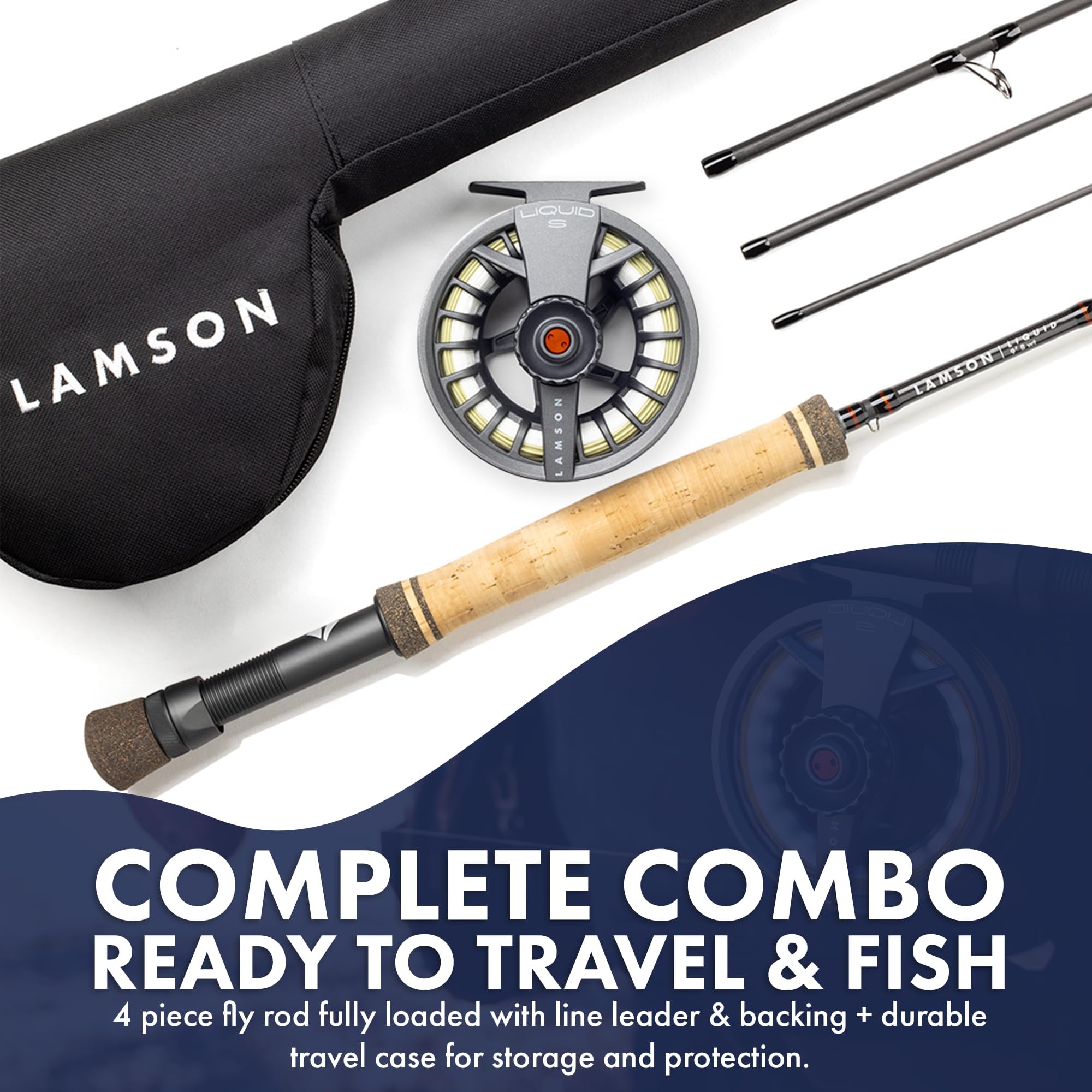 LAMSON | Liquid Combo Fly Fishing Rod and Reel Pre Spooled | Cordura Travel Tube & Padded Reel Case | U.S. Made Fly line | Medium Fast Action 9 Foot 4-Piece | 5wt + 8wt with Fighting Butt