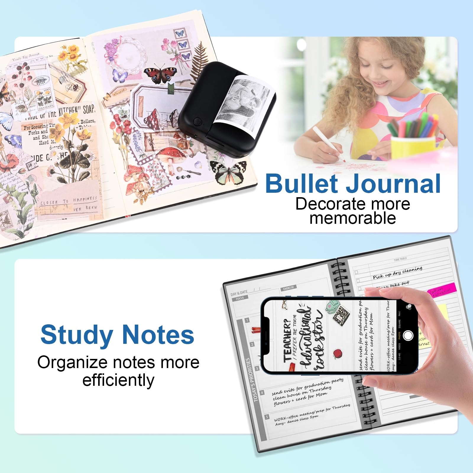 GuKKK Mini Impresora para Movil, Impresora Fotográfica, Portátil Mini Impresora Bluetooth Impresora Termica, Inalámbrico Impresora Térmica Con 13 Rolls of Paper, Movil Impresora Fotos, para Fotos Nota