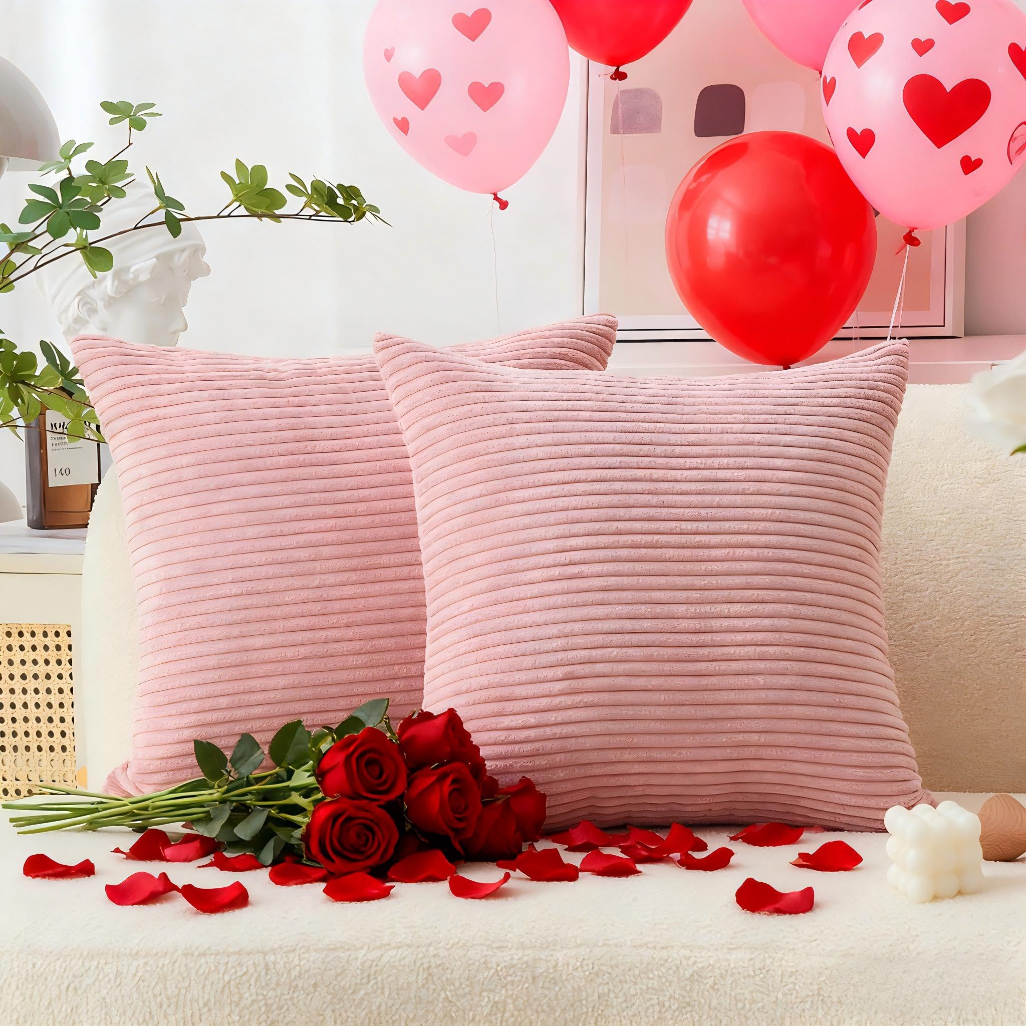 Home Brilliant - pink couch pillow covers 18x18 valentine decor throw pillow covers decorative velvet corduroy super soft striped throw pillow covers for bedroom girls gift