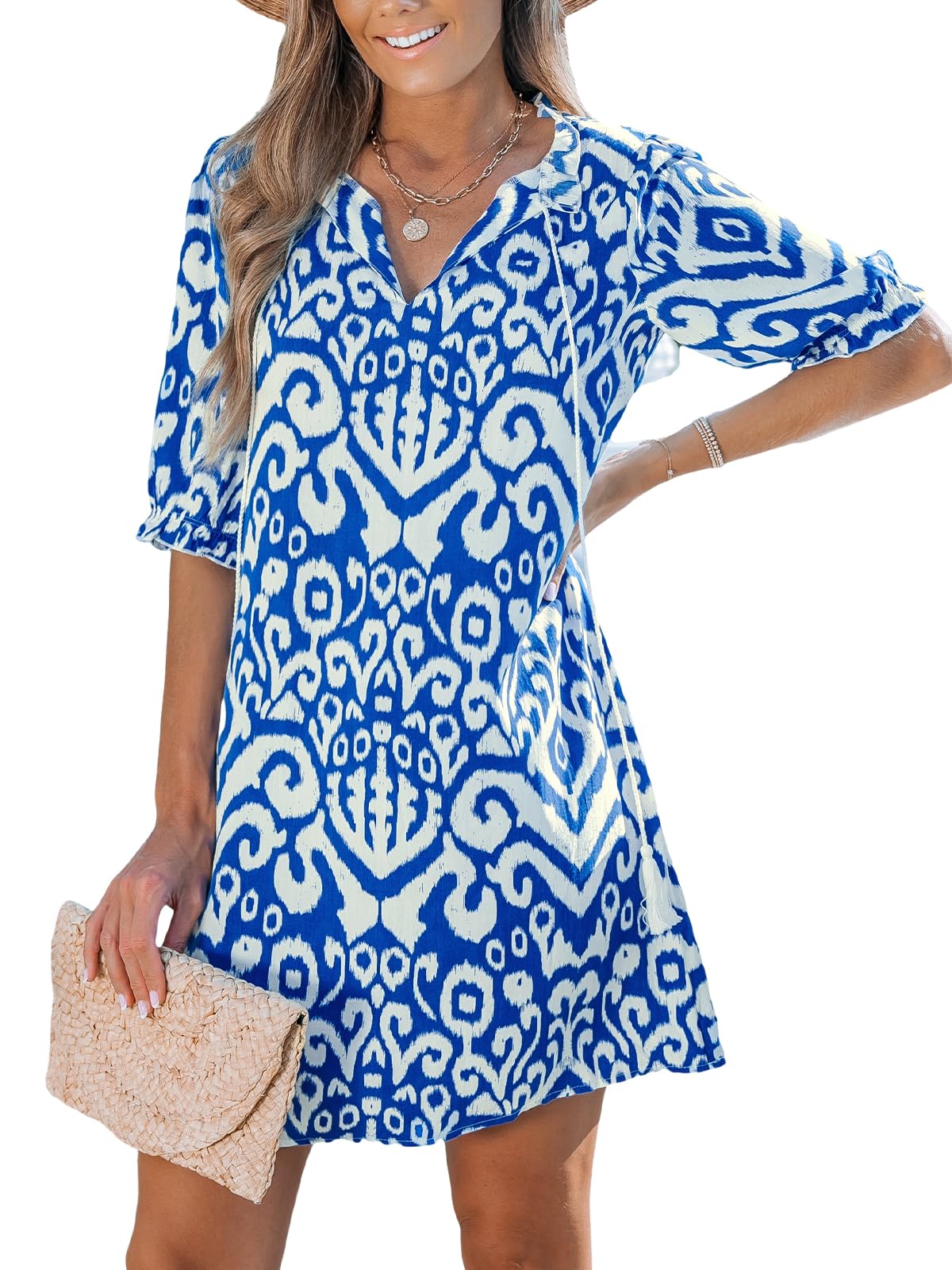 CUPSHE Women's Ruffle Beach Dress Split V Neck with Tassel Tie Elastic Half Sleeve Mini Summer Dresses