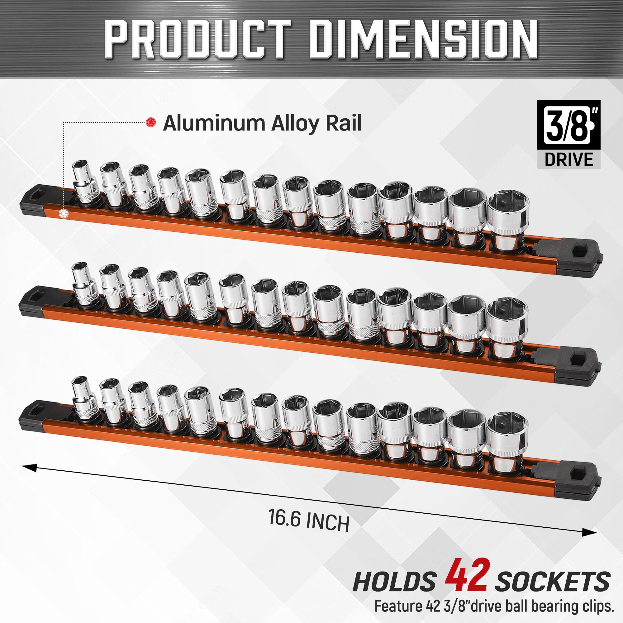 ALOANES 3-Piece Magnetic Tool Organizer, Heavy Duty Aluminum Rails, 360 Swivel Clips, 3/8-Inch Socket Holder x 42 Clips (Orange)