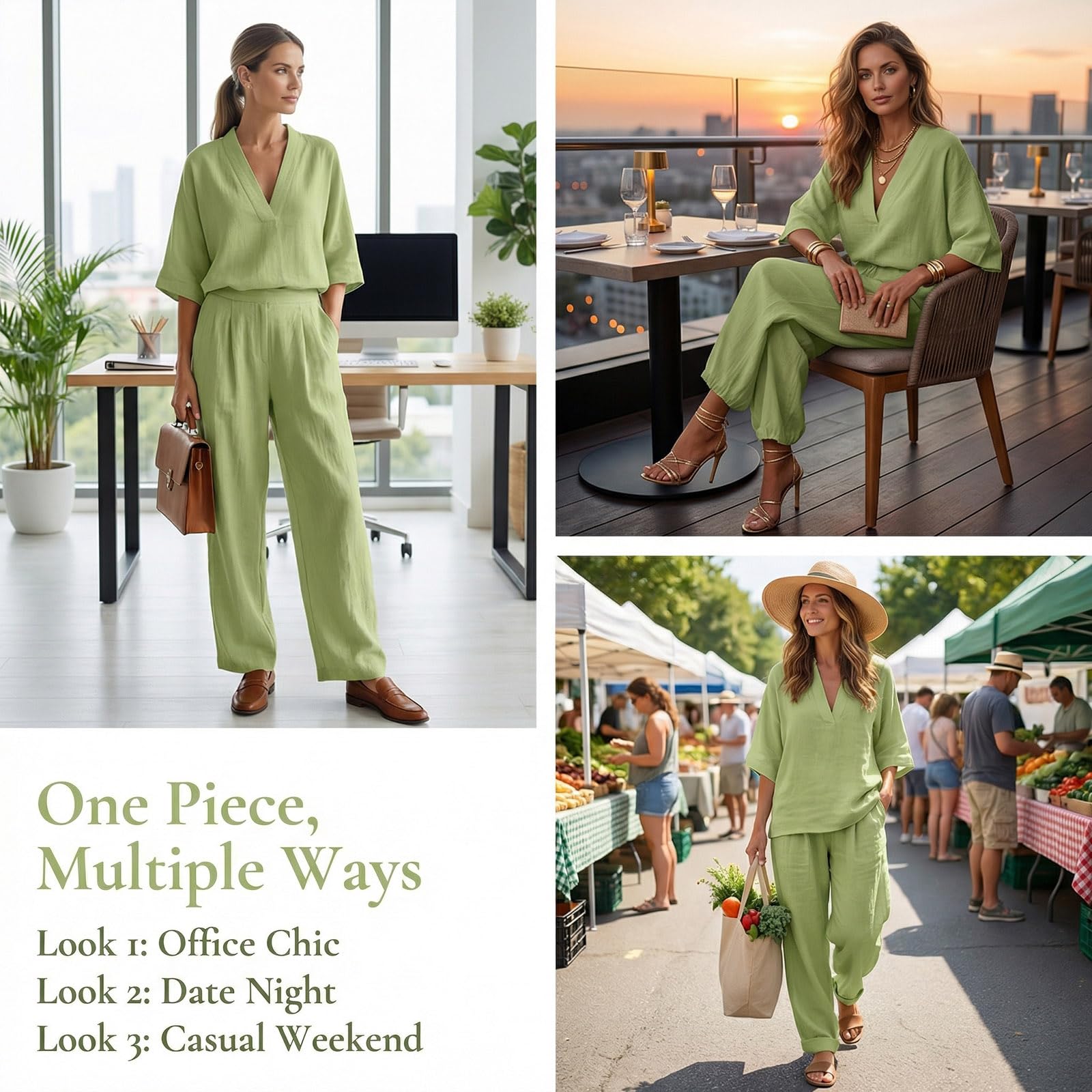Completo Lino Donna Estate 2 Pezzi - Set Top Scollo a V e Pantaloni Gamba Larga Tuta Estiva Leggera e Traspirante Outfit ampia Boho Chic Casual confortevole per Vacanze