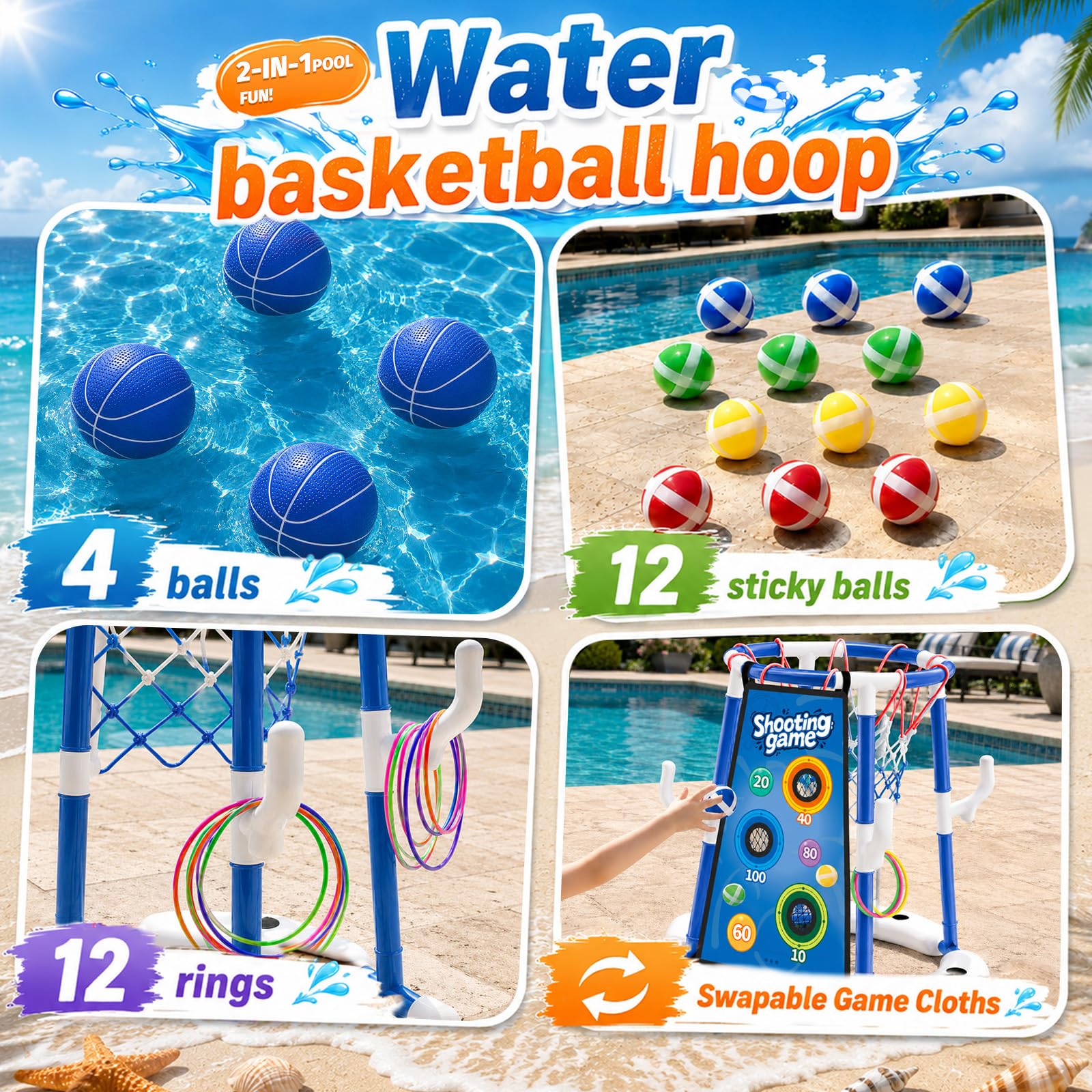 Sternstunde Pool Basketballkorb Kinder mit 4 Basketballs, 12 Wurfringen, 12 Klebebällen und 2 Veloursstoffen, Wasserspielzeug Kinder Outdoor & Pool Spielzeug