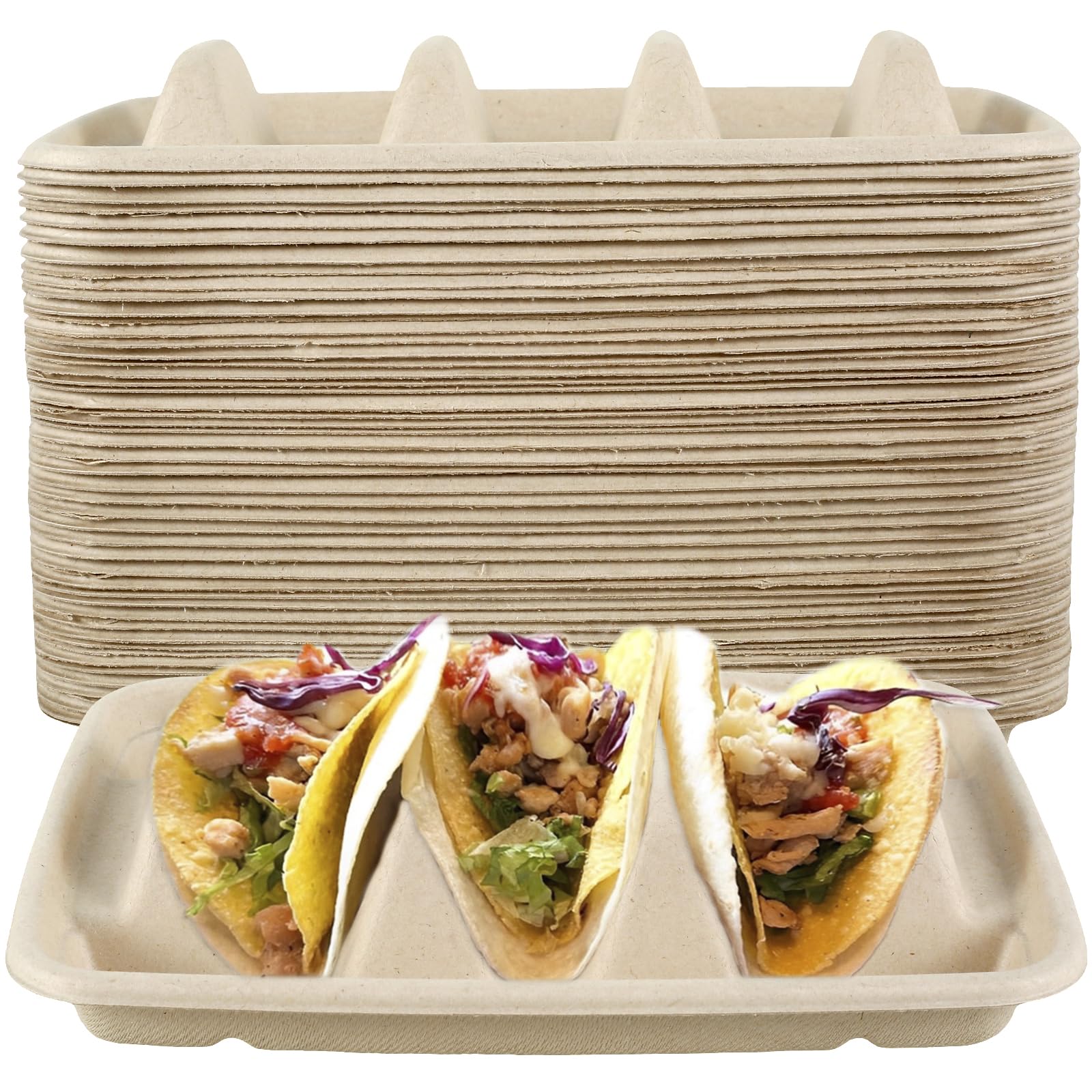 FALESOUL 50Pack Disposable Taco Holders with 3 Dividers, Paper Taco Holders, Taco Stands for 3 Tacos, Taco Plates Keep Your Tacos Upright Microwave Safe for Taco Pita Bread Party