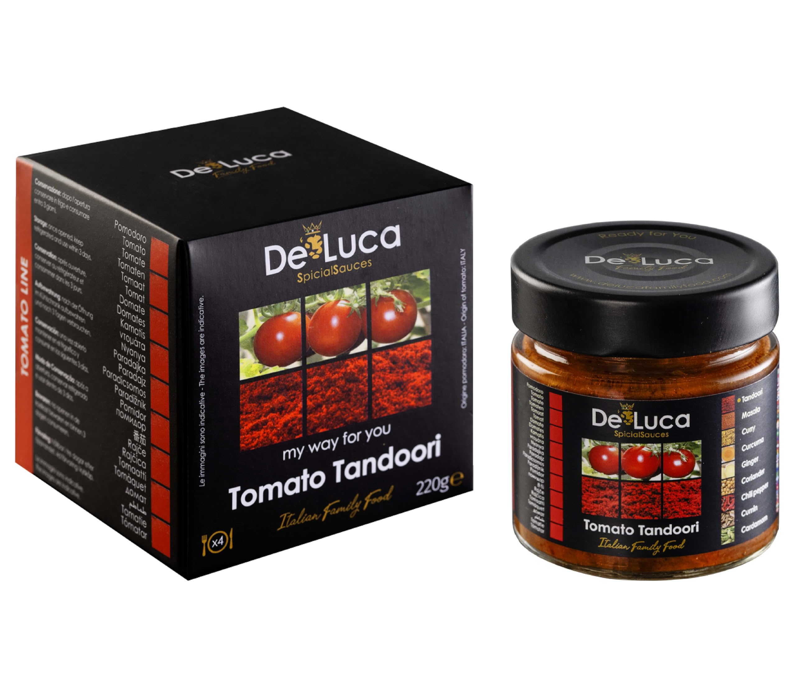 De Luca Family Food: 5 salsas Made in Italy, especiadas y listas para usar. Tomato 220gr, Tomato Tandoori 220gr, Olives Tomato 220gr, Zucchini 210gr, Mushrooms 210gr. Vegetarianos.