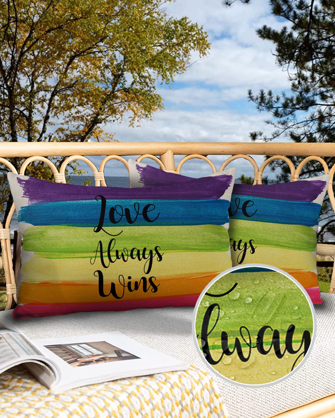 Edwiinsa Outdoor Pillow Covers Waterproof, Pride Day Rainbow Art Print All Weather Cushion Case Set of 2, Colorful Stripes Lumbar Pillowcase for Sofa Couch Bed Decor Patio Furniture 20