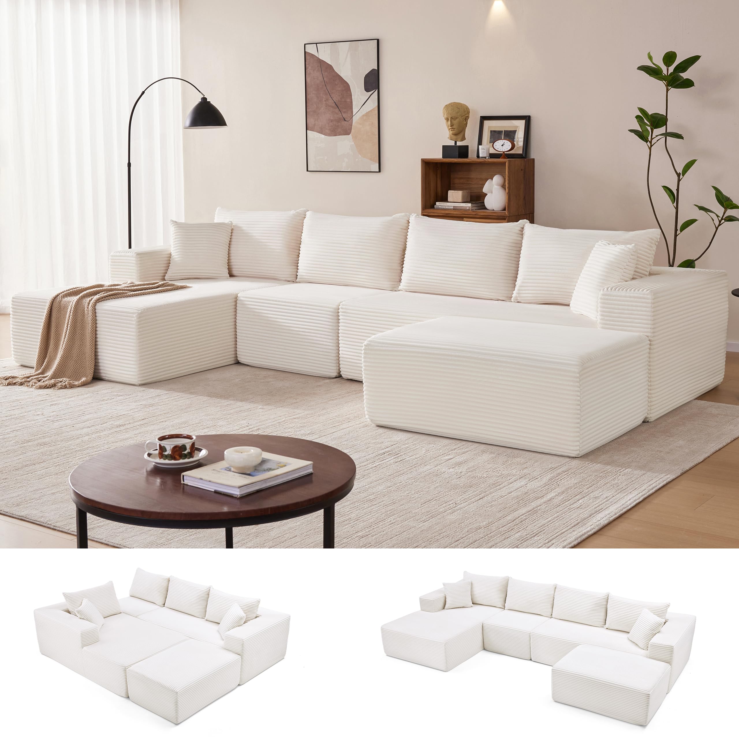 Mangodan 140” Cloud Sectional Couch, Modular Sectional Sofa with Deep Seat, Boneless Sofa for Living Room, Fluffy Comfy U-Shaped Couch with Left Facing Chaise, No Assembly Required, Beige
