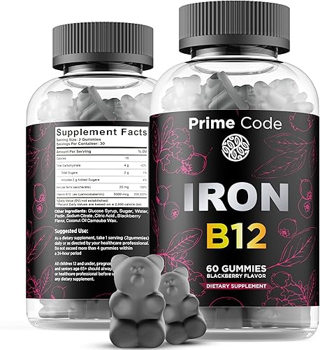 Gomitas de vitamina B12 para mujeres y hombres, suplemento de hierro de 20 mg para adultos, constructor de sangre gratis para la anemia, gomitas de