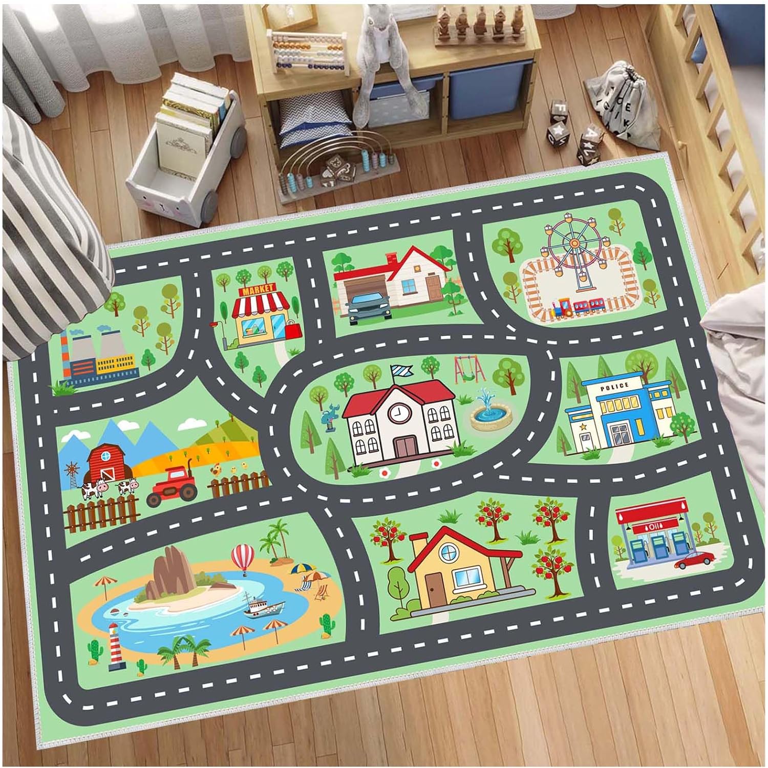 Kids Rug Play Mat Carprt for Playroom and Classroom largr Educational Area Rugs with Non-Slip Backing City Life Play Carpet for Playing Cars Toys Ideal Gift for Children (Green,100×150cm)