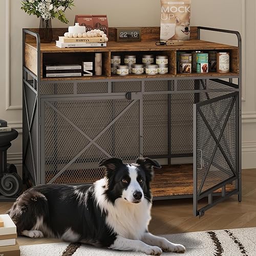 Miniatura 8 de Fulhope Muebles de jaula para perros, mesa auxiliar de madera para perros, perrera de 43 pulgadas con 3 cajones de almacenamiento, jaula de perro