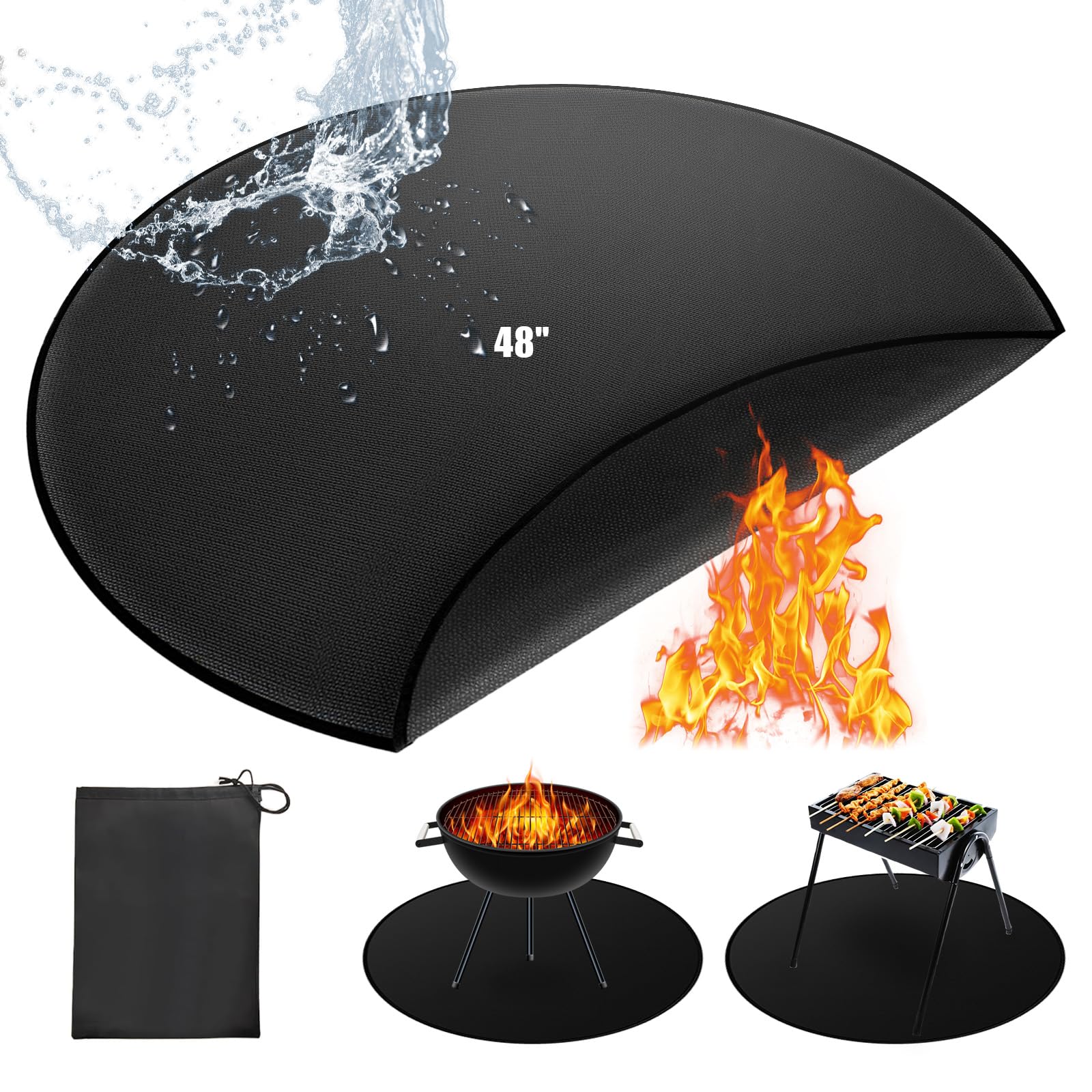 120cm/48”Redondo Alfombra Ignifuga，Reutilizable Alfombra Barbacoa Exterior Alfombra Chimenea Ignifuga Alfombra Ignífuga Plegable Grande Para BBQ Suelo Camping Brasero Exterior