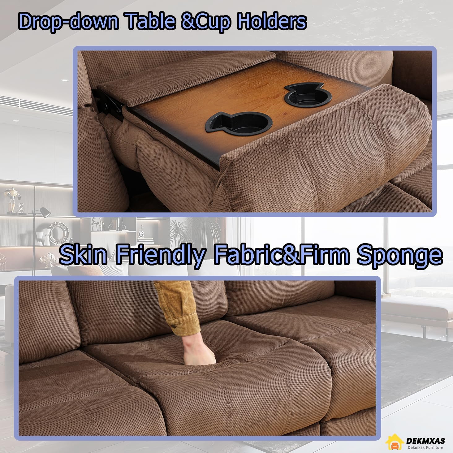 Chocolate 3PCS Fabric Recliner Sofa Set with Cup Holders/Storage Console/Drop Down Table