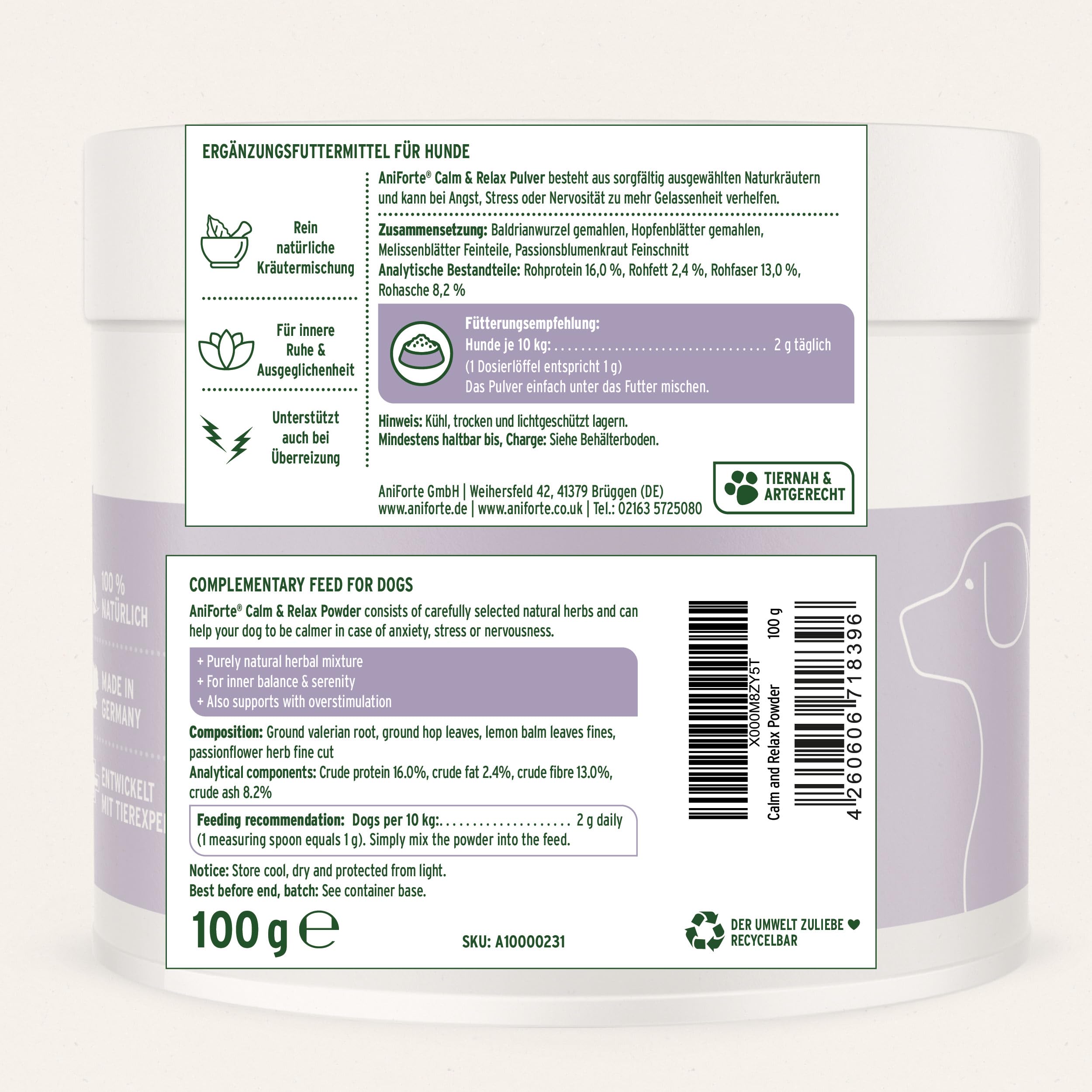 AniForte natürliche Beruhigung für Hunde Calm & Relax 100g - Natürliches Beruhigungsmittel zur Entspannung & Ruhe, Heilpflanzen bei Angst, Stress, Unruhe, Überreizung, Nervosität, Silvester & Reisen