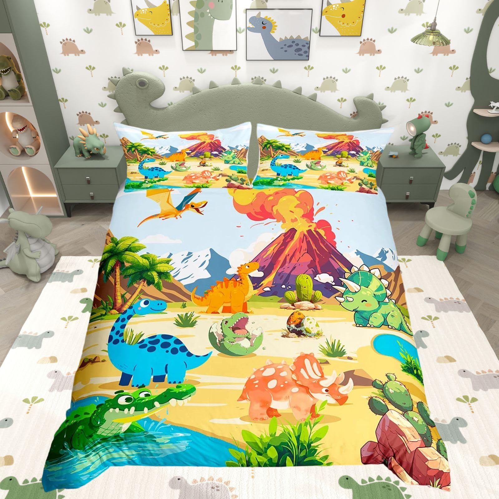 Homewish Kids Colorful Dinosaurs Double Duvet Cover with 2 Pillowcases
